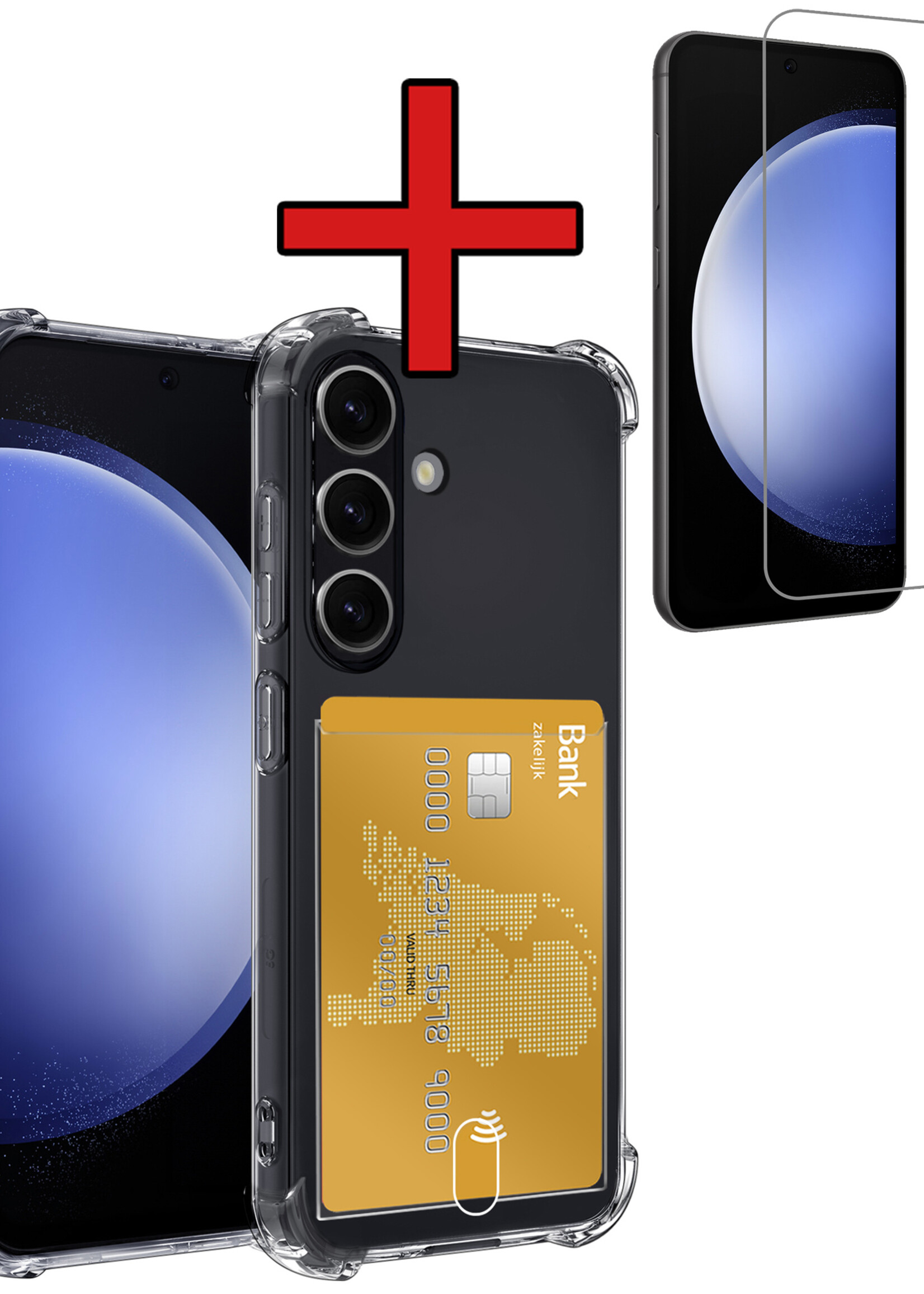 BTH Hoesje Geschikt voor Samsung S23 FE Hoesje Met Pasjeshouder Siliconen Case Met Kaarthouder Met Screenprotector - Hoes Geschikt voor Samsung Galaxy S23 FE Hoesje Shock Proof Case - Transparant