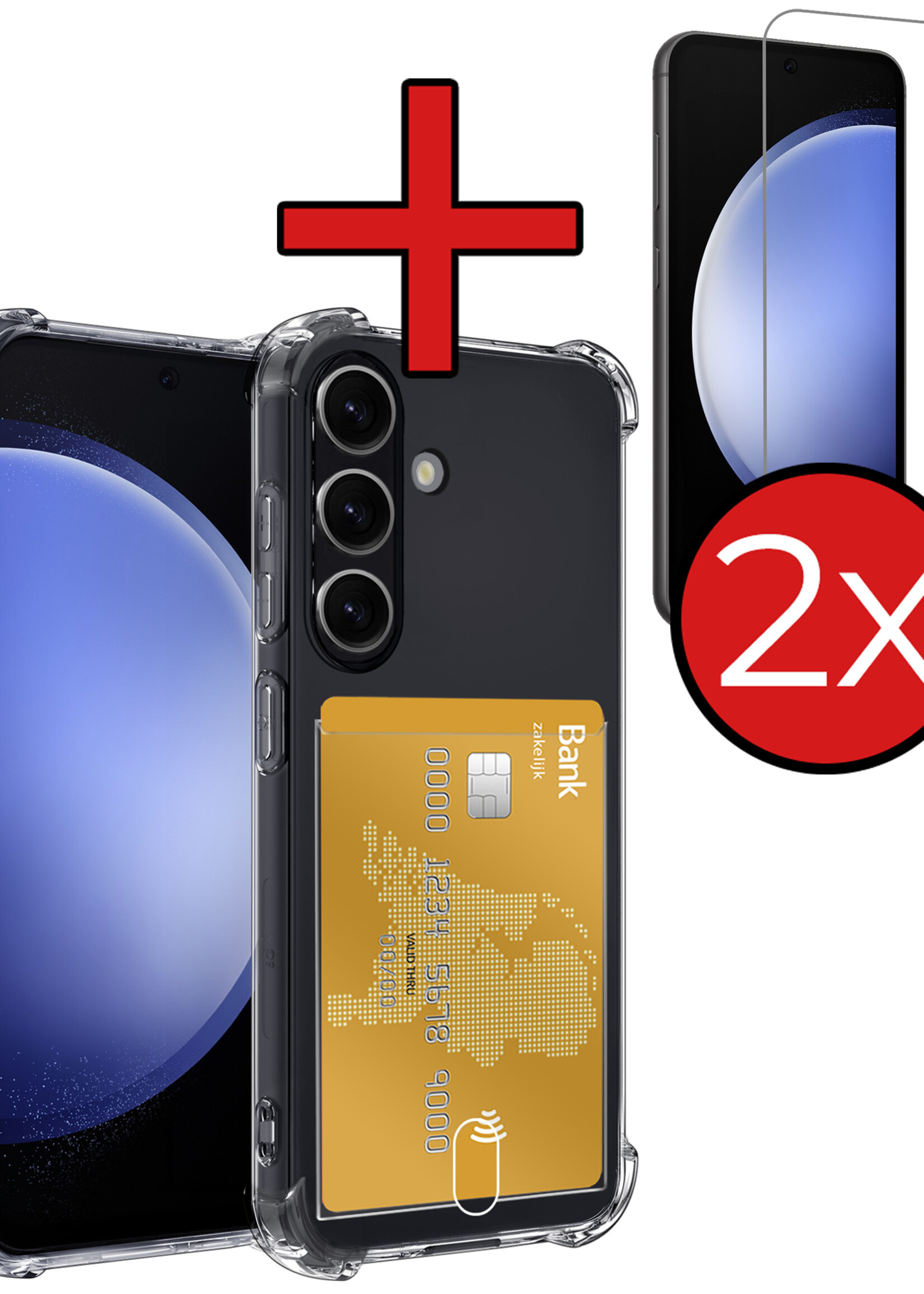 BTH Hoesje Geschikt voor Samsung S23 FE Hoesje Met Pasjeshouder Siliconen Case Met Kaarthouder Met 2x Screenprotector - Hoes Geschikt voor Samsung Galaxy S23 FE Hoesje Shock Proof Case - Transparant