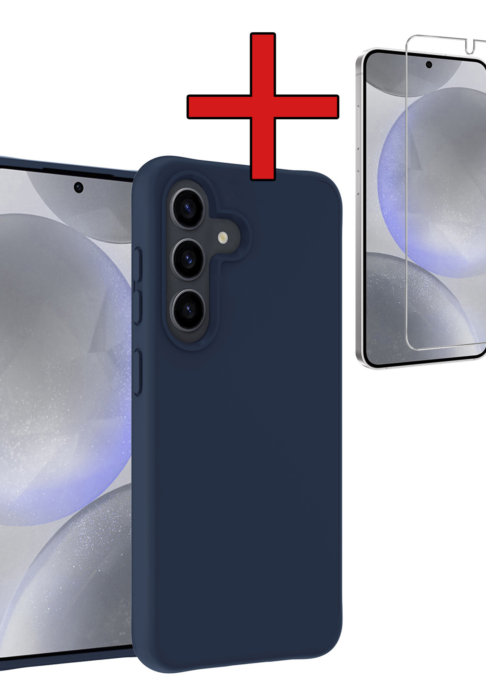 BTH Hoesje Geschikt voor Samsung S24 Plus Hoesje Siliconen Case Hoes Met Screenprotector - Hoes Geschikt voor Samsung Galaxy S24 Plus Hoes Cover Case - Donkerblauw