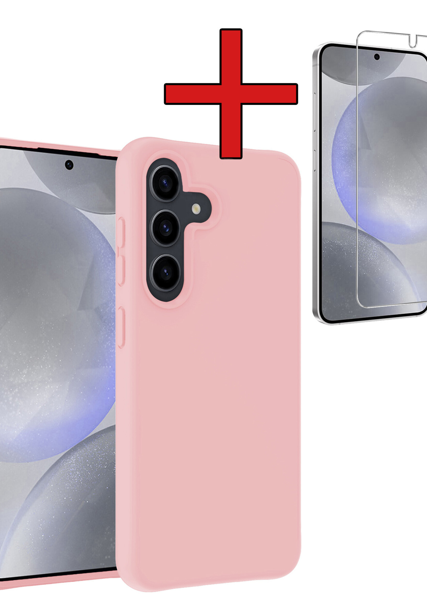 BTH Hoesje Geschikt voor Samsung S24 Hoesje Siliconen Case Hoes Met Screenprotector - Hoes Geschikt voor Samsung Galaxy S24 Hoes Cover Case - Lichtroze