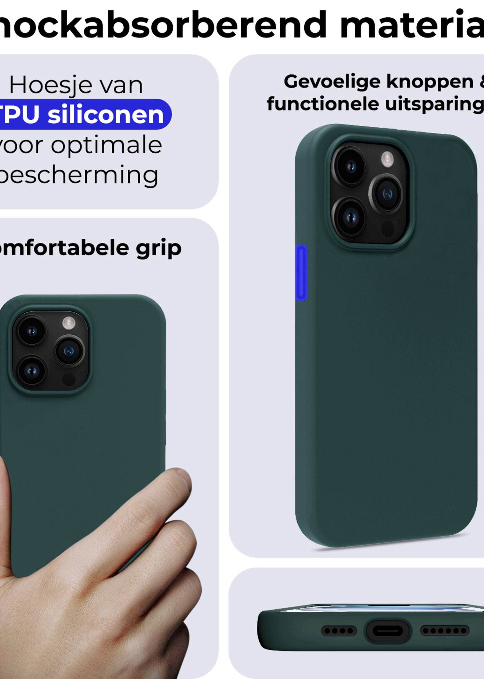 BTH Hoesje Geschikt voor iPhone 15 Pro Hoesje Siliconen Case Hoes Met 2x Screenprotector - Hoes Geschikt voor iPhone 15 Pro Hoes Cover Case - Donkergroen