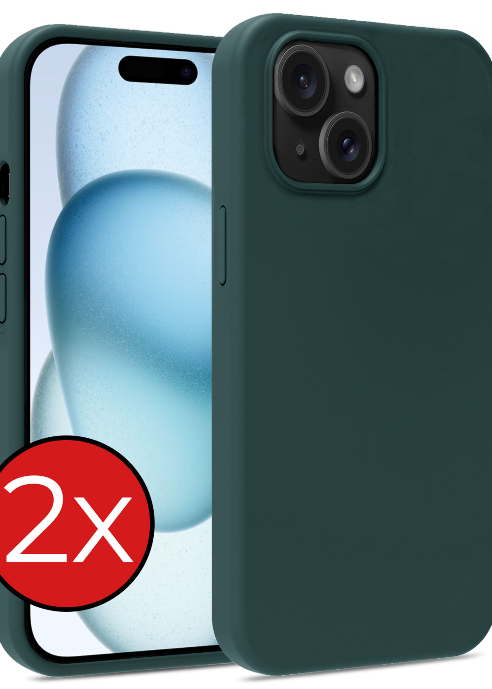BTH Hoesje Geschikt voor iPhone 15 Hoesje Siliconen Case Hoes - Hoes Geschikt voor iPhone 15 Hoes Cover Case - Donkergroen - 2 PACK