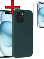 BTH BTH iPhone 15 Hoesje Siliconen Met Screenprotector - Donkergroen