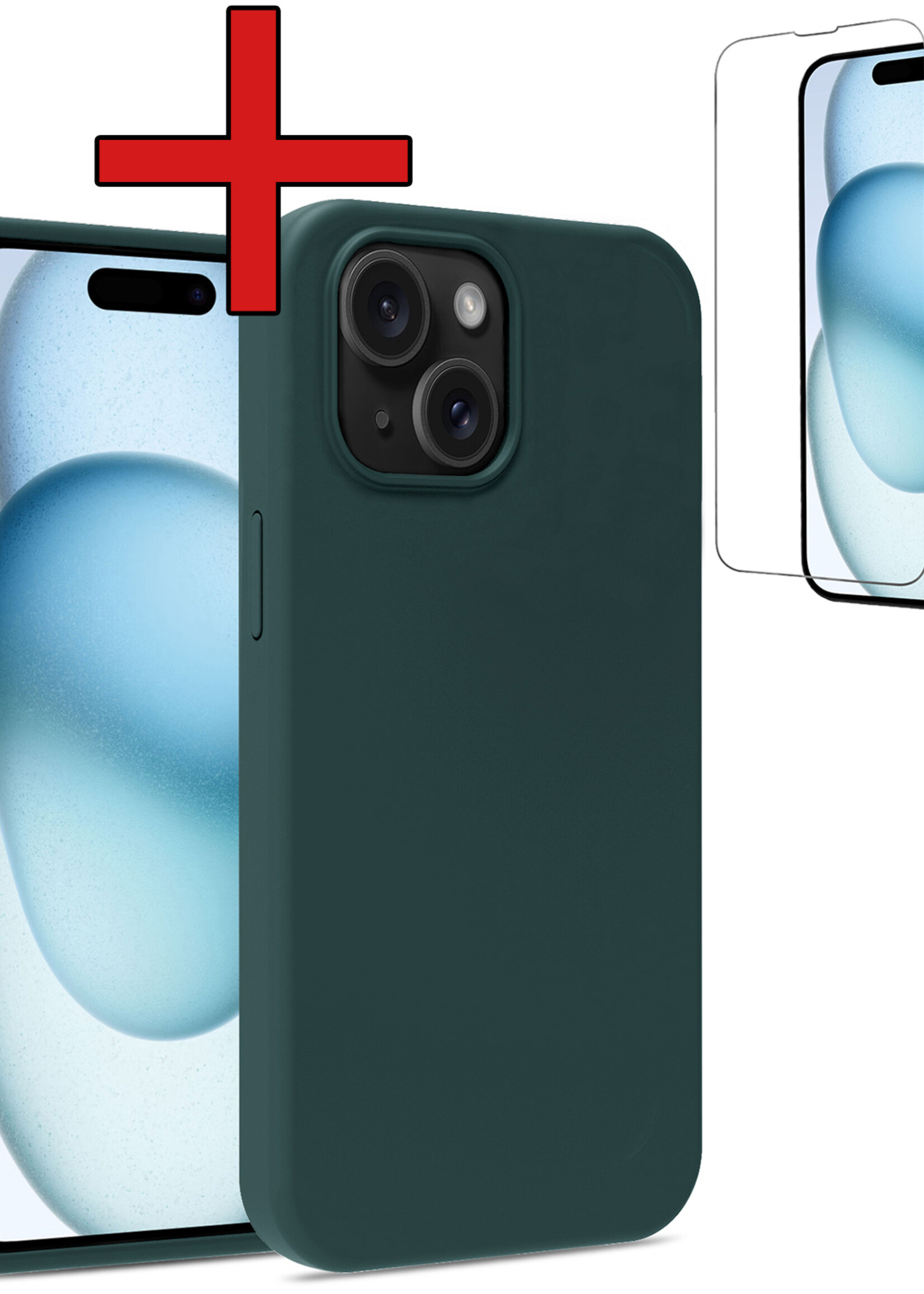 BTH Hoesje Geschikt voor iPhone 15 Hoesje Siliconen Case Hoes Met Screenprotector - Hoes Geschikt voor iPhone 15 Hoes Cover Case - Donkergroen