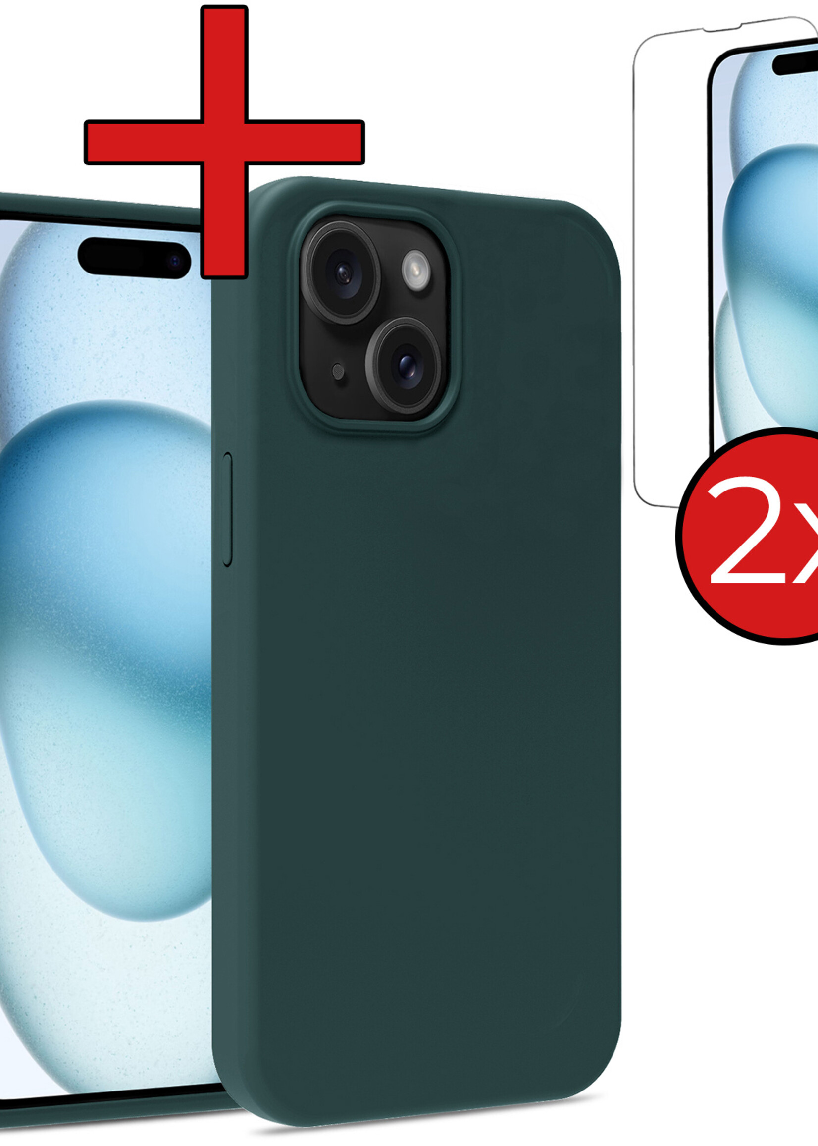 BTH Hoesje Geschikt voor iPhone 15 Hoesje Siliconen Case Hoes Met 2x Screenprotector - Hoes Geschikt voor iPhone 15 Hoes Cover Case - Donkergroen