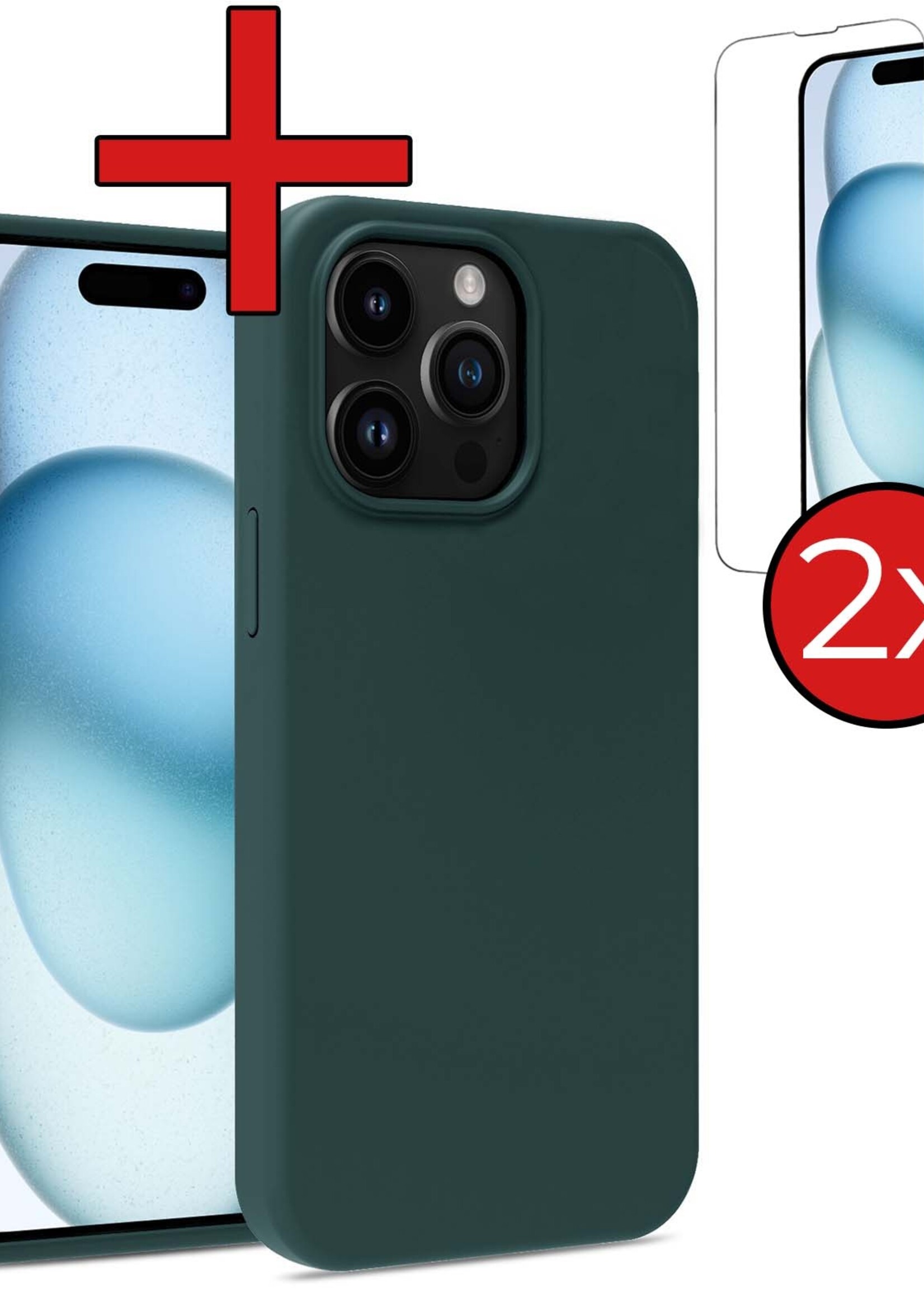 BTH Hoesje Geschikt voor iPhone 15 Pro Hoesje Siliconen Case Hoes Met 2x Screenprotector - Hoes Geschikt voor iPhone 15 Pro Hoes Cover Case - Donkergroen