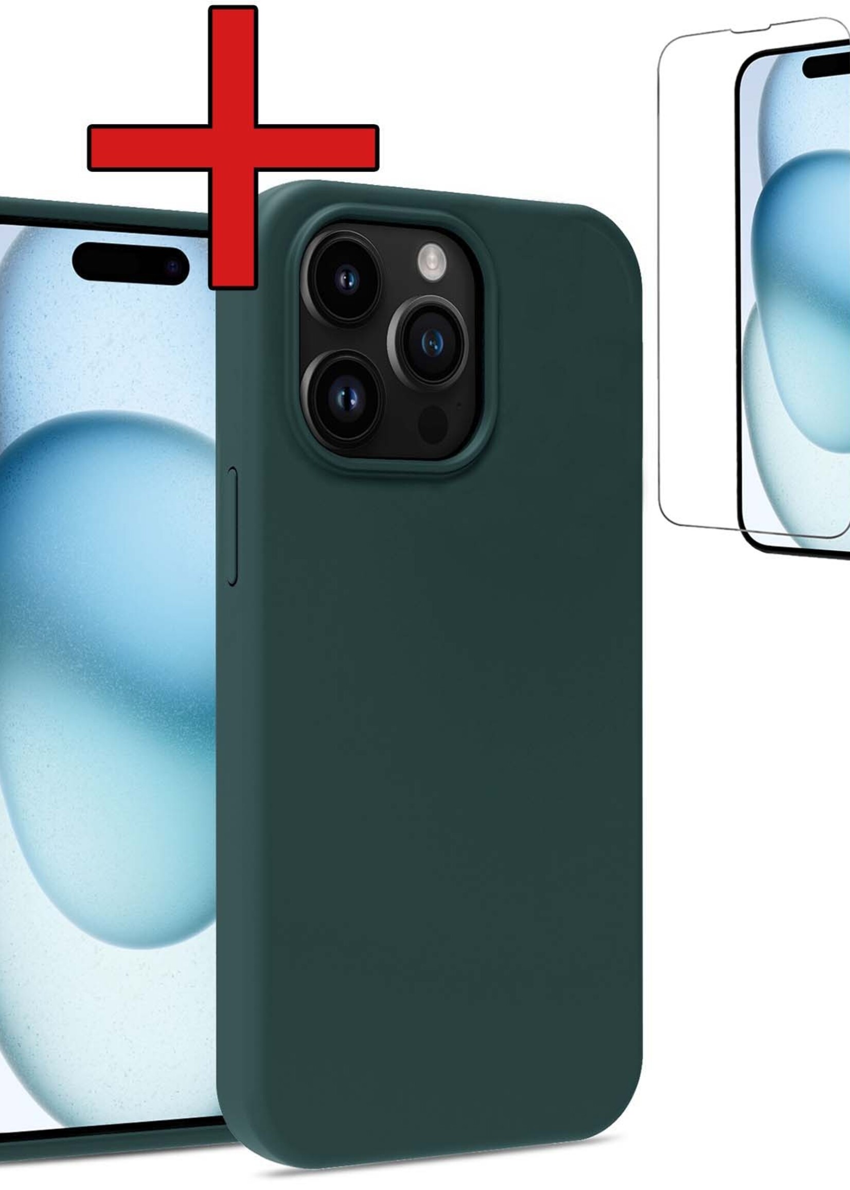 BTH Hoesje Geschikt voor iPhone 15 Pro Max Hoesje Siliconen Case Hoes Met Screenprotector - Hoes Geschikt voor iPhone 15 Pro Max Hoes Cover Case - Donkergroen