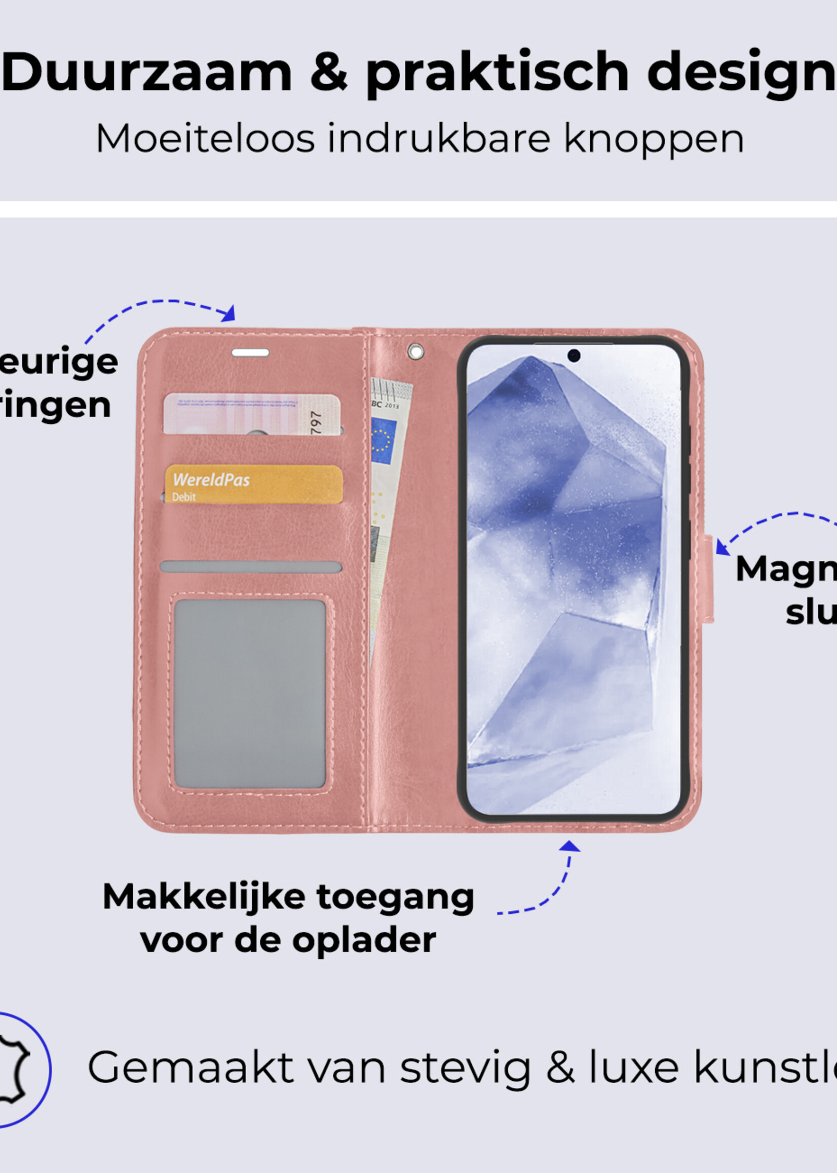 BTH Hoesje Geschikt voor Samsung A55 Hoesje Book Case Hoes Portemonnee Cover Walletcase - Hoes Geschikt voor Samsung Galaxy A55 Hoes Bookcase Hoesje - Rosé goud
