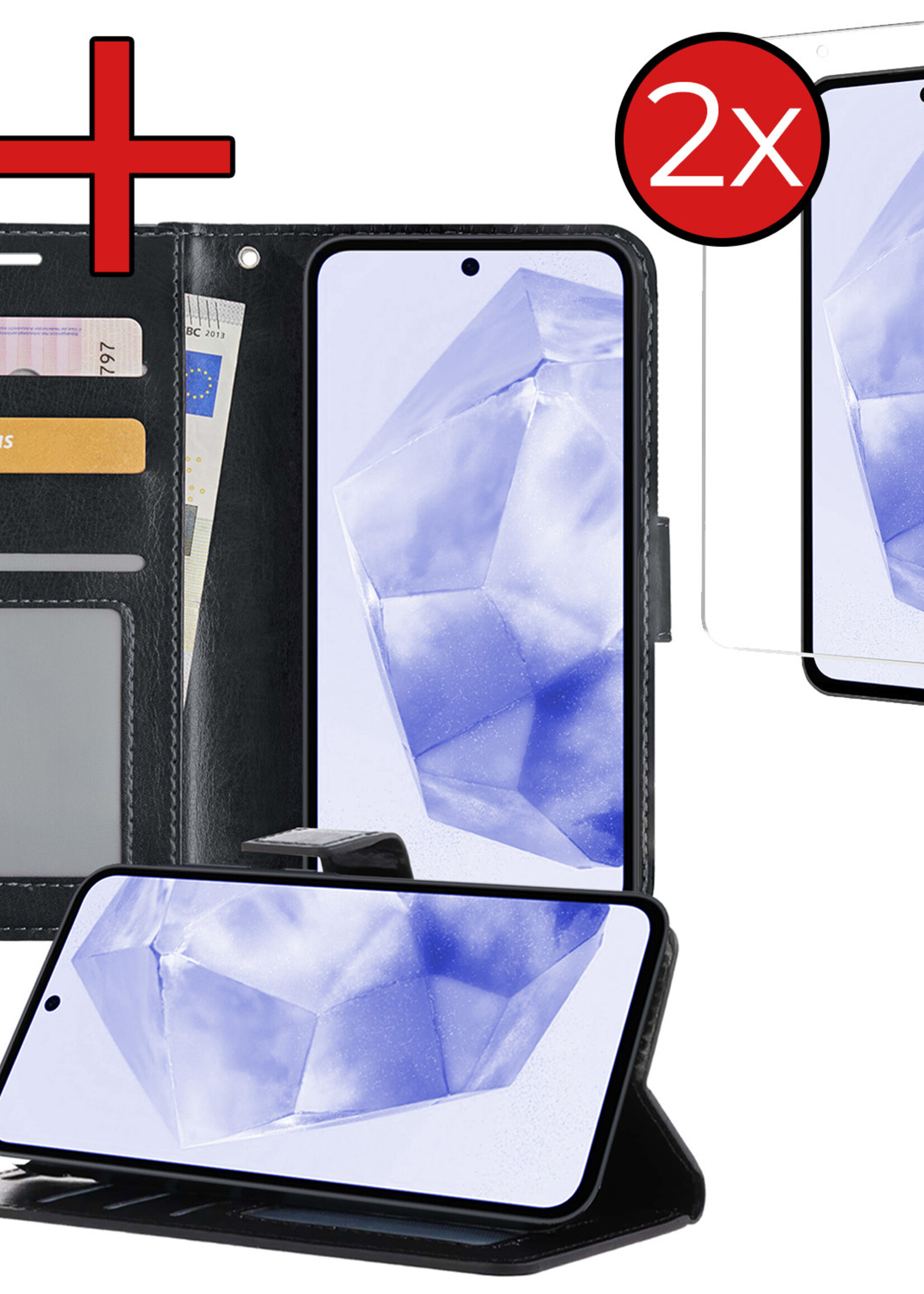 BTH Hoesje Geschikt voor Samsung A35 Hoesje Book Case Hoes Portemonnee Cover Walletcase Met 2x Screenprotector - Hoes Geschikt voor Samsung Galaxy A35 5G Hoes Bookcase Hoesje - Zwart