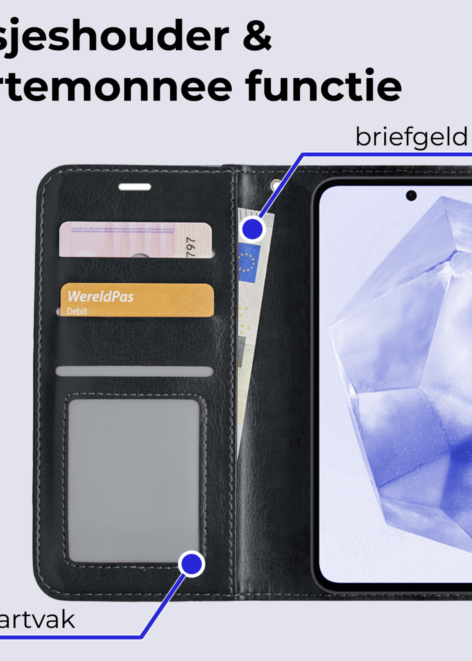BTH Hoesje Geschikt voor Samsung A35 Hoesje Book Case Hoes Portemonnee Cover Walletcase Met 2x Screenprotector - Hoes Geschikt voor Samsung Galaxy A35 5G Hoes Bookcase Hoesje - Zwart