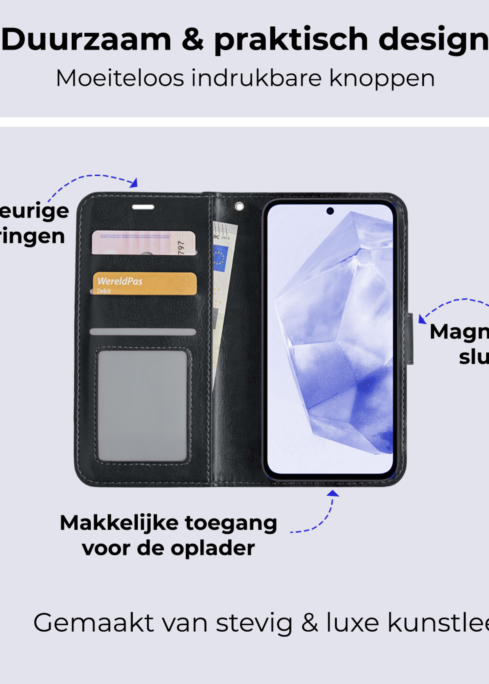 BTH Hoesje Geschikt voor Samsung A35 Hoesje Book Case Hoes Portemonnee Cover Walletcase Met 2x Screenprotector - Hoes Geschikt voor Samsung Galaxy A35 5G Hoes Bookcase Hoesje - Zwart