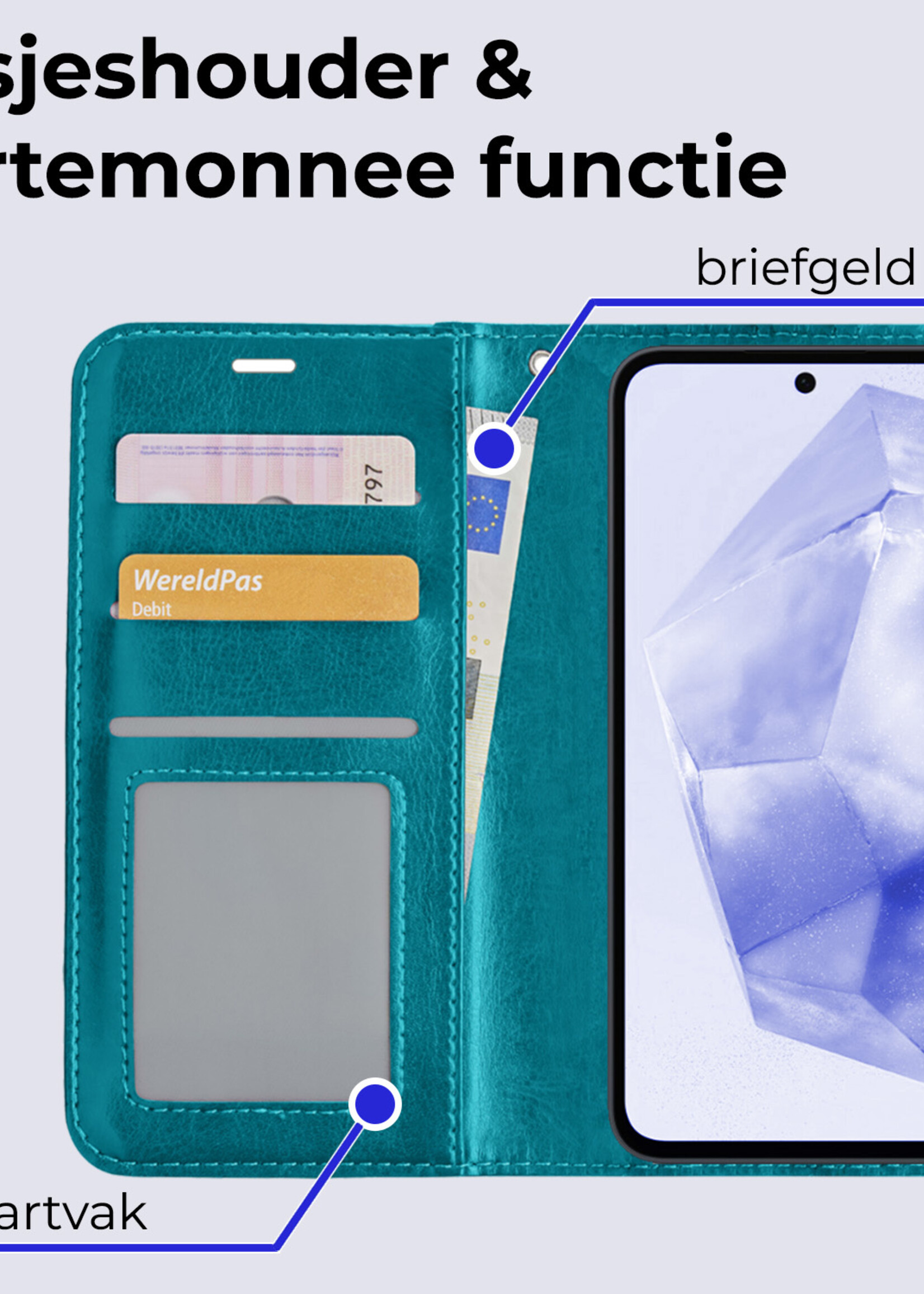BTH Hoesje Geschikt voor Samsung A35 Hoesje Book Case Hoes Portemonnee Cover Walletcase Met 2x Screenprotector - Hoes Geschikt voor Samsung Galaxy A35 5G Hoes Bookcase Hoesje - Turquoise