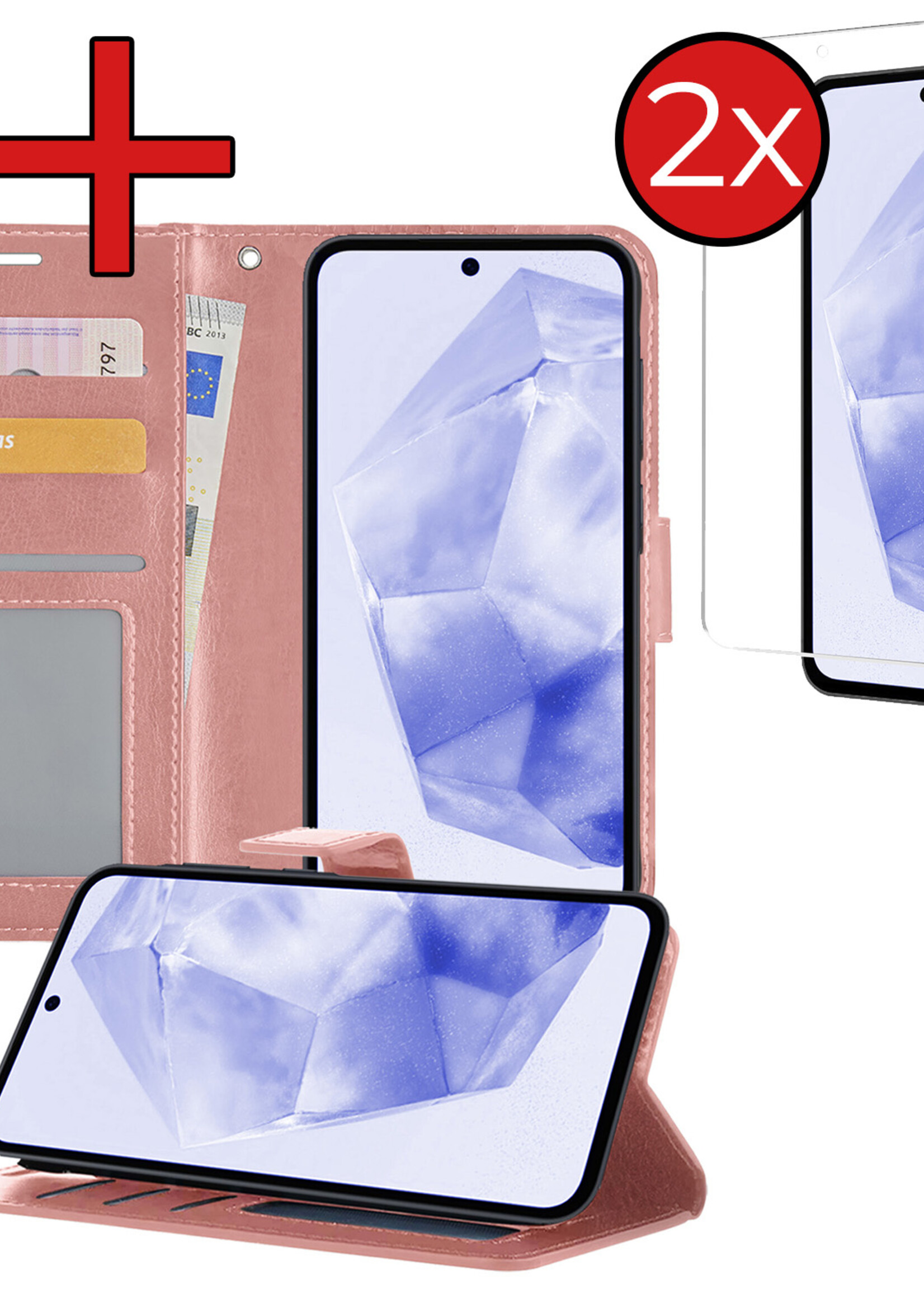 BTH Hoesje Geschikt voor Samsung A35 Hoesje Book Case Hoes Portemonnee Cover Walletcase Met 2x Screenprotector - Hoes Geschikt voor Samsung Galaxy A35 5G Hoes Bookcase Hoesje - Rosé goud