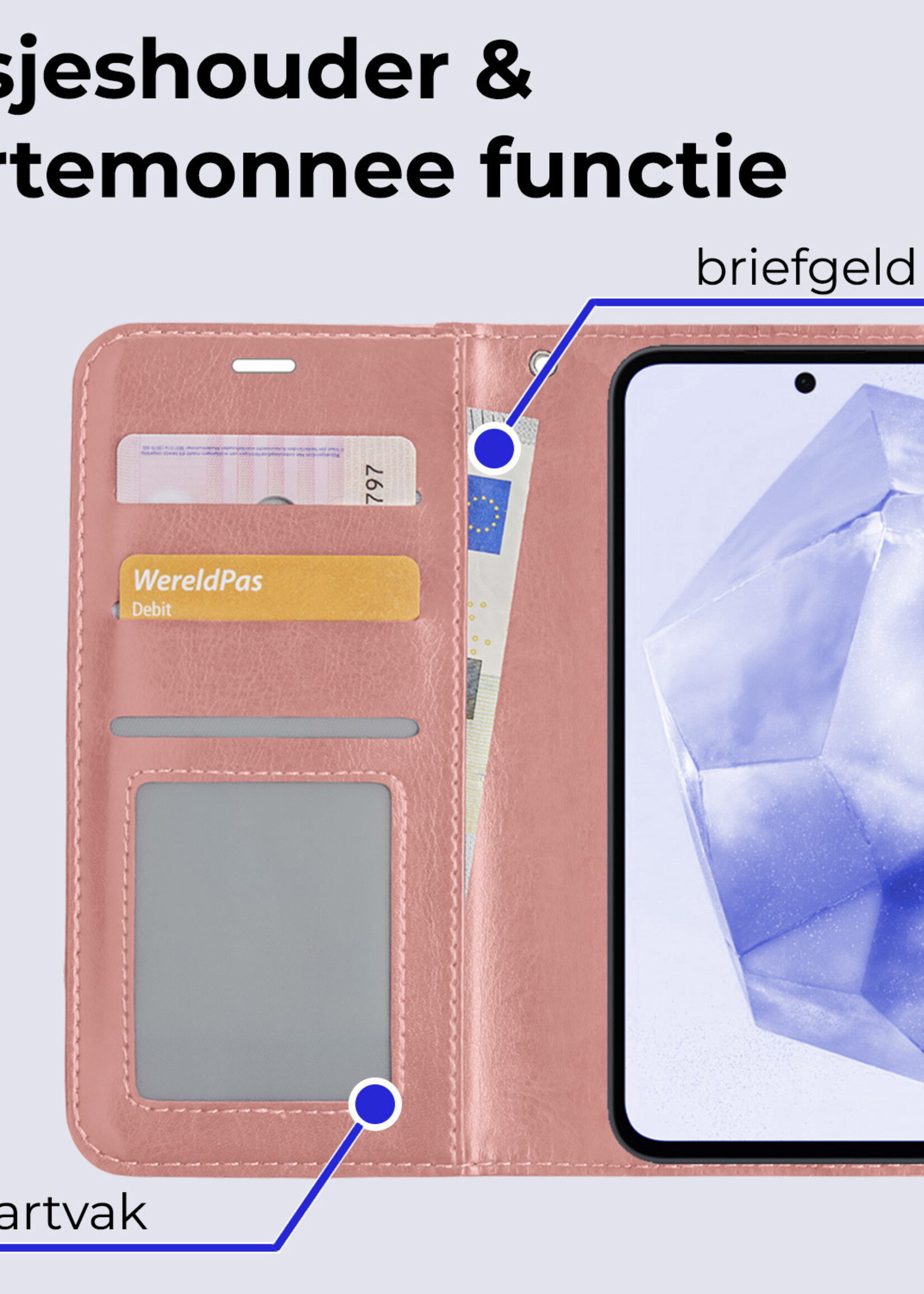 BTH Hoesje Geschikt voor Samsung A35 Hoesje Book Case Hoes Portemonnee Cover Walletcase Met 2x Screenprotector - Hoes Geschikt voor Samsung Galaxy A35 5G Hoes Bookcase Hoesje - Rosé goud