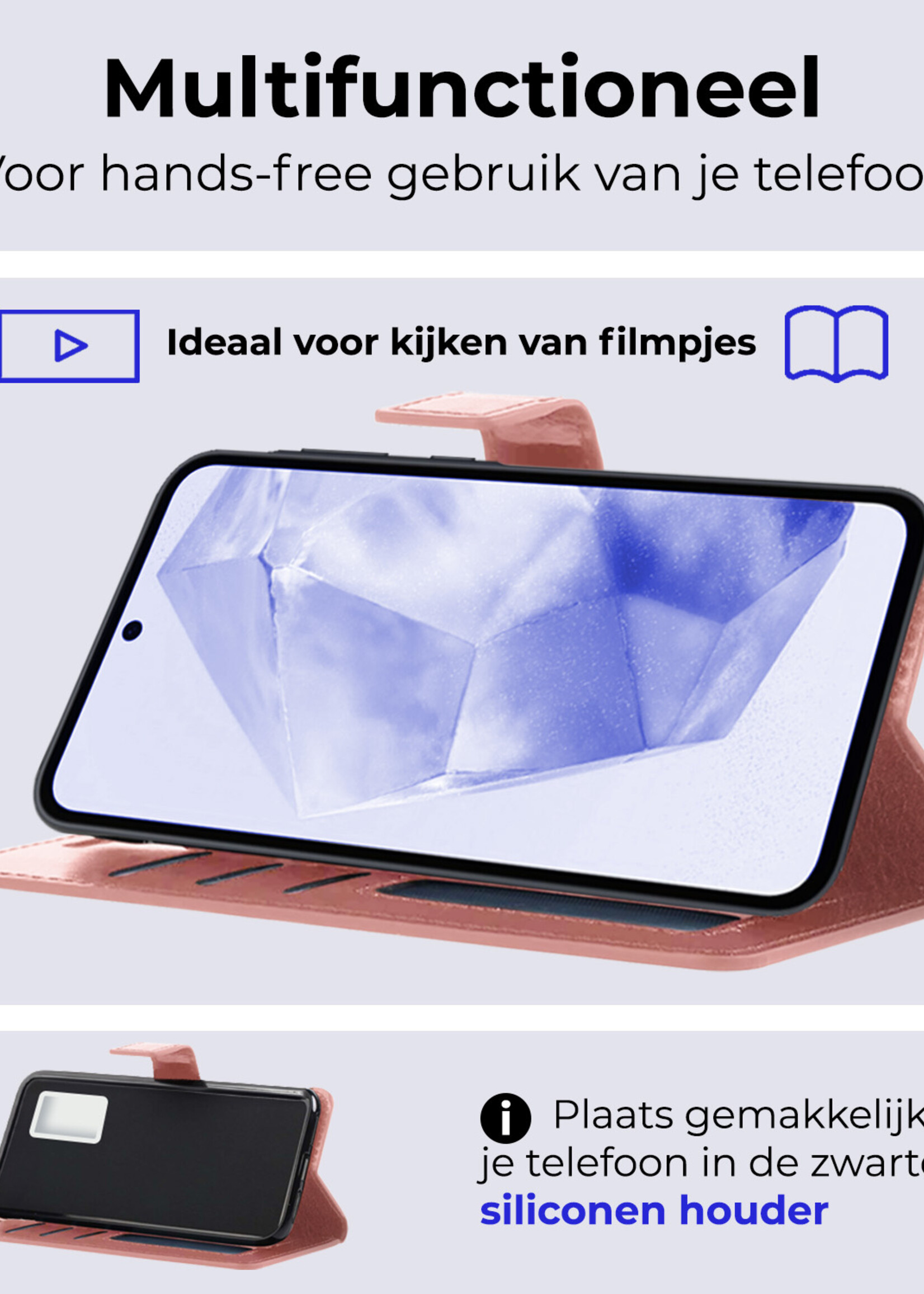 BTH Hoesje Geschikt voor Samsung A35 Hoesje Book Case Hoes Portemonnee Cover Walletcase Met 2x Screenprotector - Hoes Geschikt voor Samsung Galaxy A35 5G Hoes Bookcase Hoesje - Rosé goud