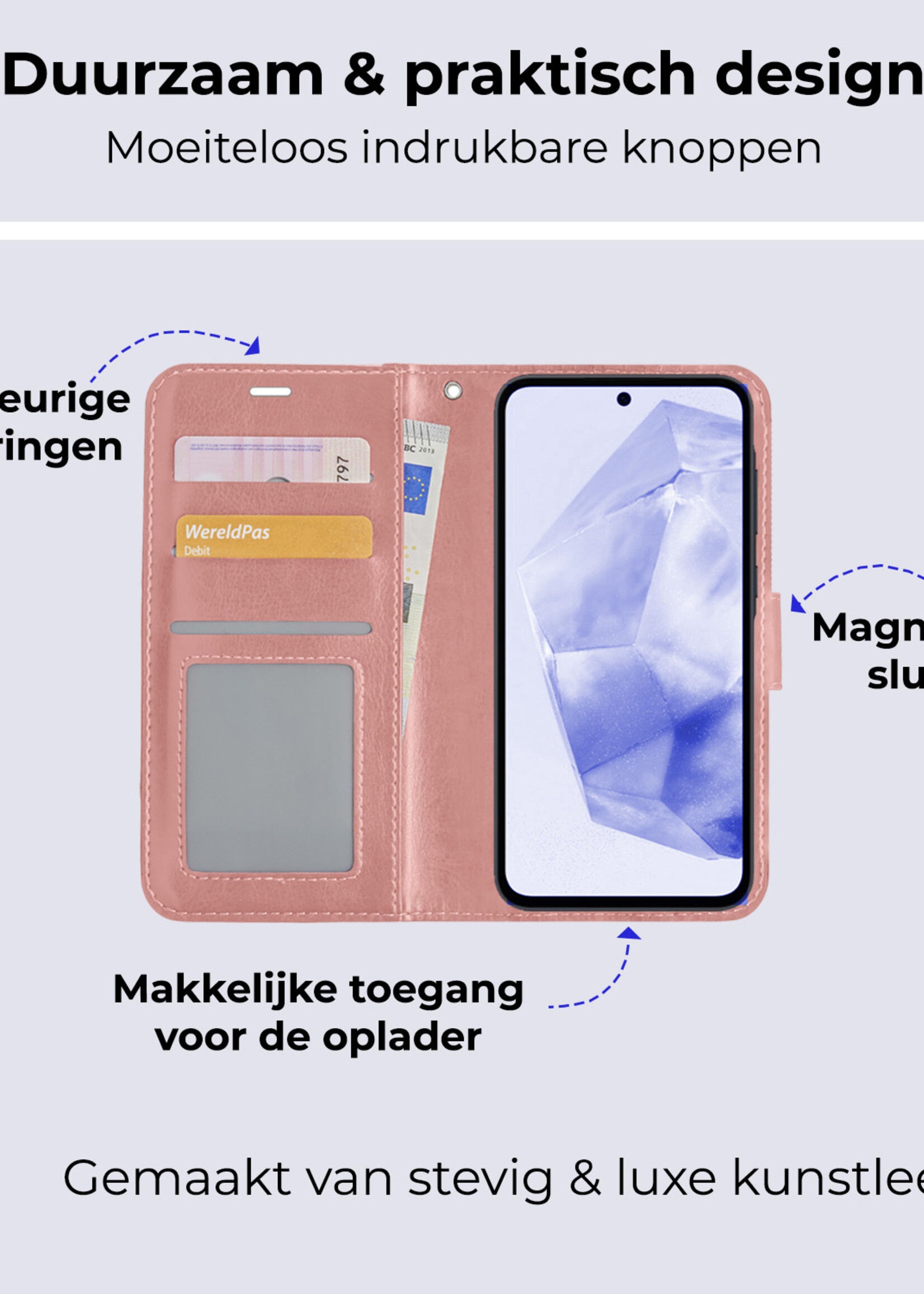 BTH Hoesje Geschikt voor Samsung A35 Hoesje Book Case Hoes Portemonnee Cover Walletcase Met 2x Screenprotector - Hoes Geschikt voor Samsung Galaxy A35 5G Hoes Bookcase Hoesje - Rosé goud