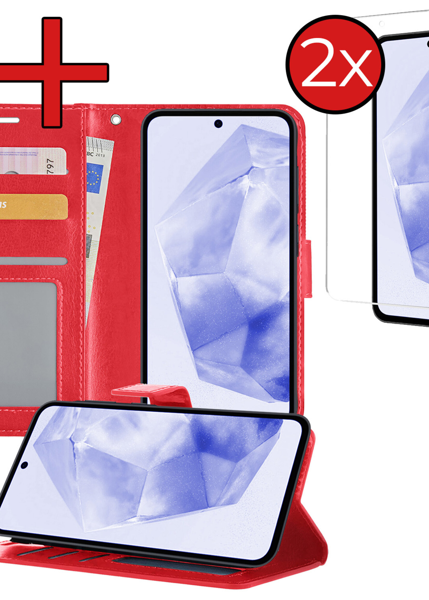 BTH Hoesje Geschikt voor Samsung A35 Hoesje Book Case Hoes Portemonnee Cover Walletcase Met 2x Screenprotector - Hoes Geschikt voor Samsung Galaxy A35 5G Hoes Bookcase Hoesje - Rood