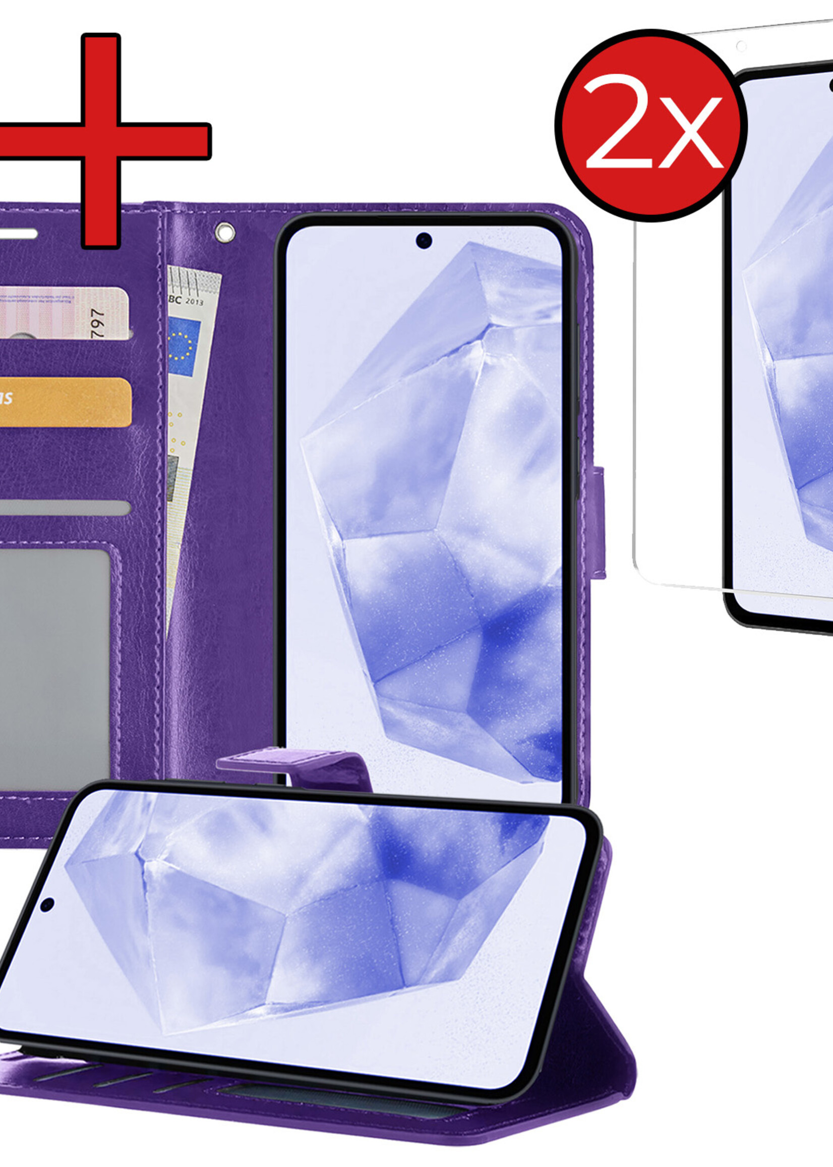 BTH Hoesje Geschikt voor Samsung A35 Hoesje Book Case Hoes Portemonnee Cover Walletcase Met 2x Screenprotector - Hoes Geschikt voor Samsung Galaxy A35 5G Hoes Bookcase Hoesje - Paars