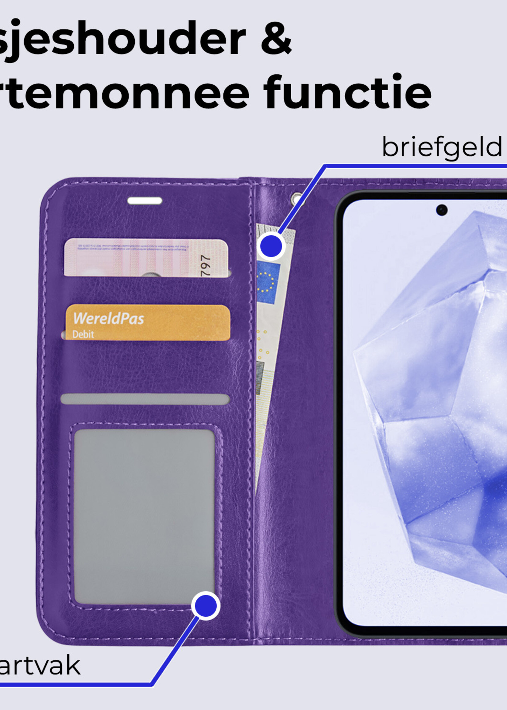 BTH Hoesje Geschikt voor Samsung A35 Hoesje Book Case Hoes Portemonnee Cover Walletcase Met 2x Screenprotector - Hoes Geschikt voor Samsung Galaxy A35 5G Hoes Bookcase Hoesje - Paars