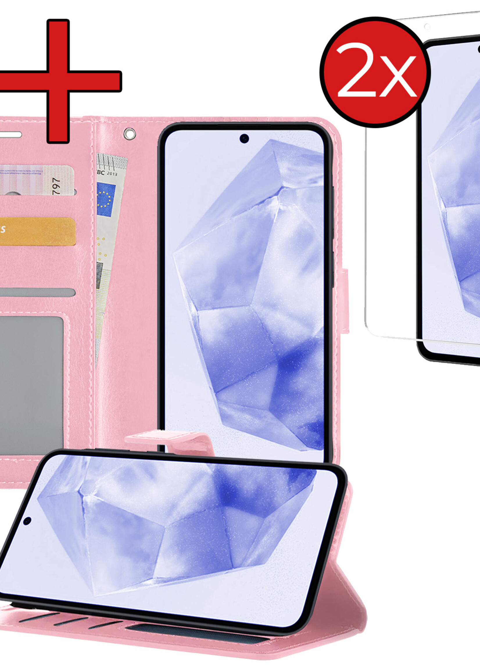 BTH Hoesje Geschikt voor Samsung A35 Hoesje Book Case Hoes Portemonnee Cover Walletcase Met 2x Screenprotector - Hoes Geschikt voor Samsung Galaxy A35 5G Hoes Bookcase Hoesje - Lichtroze