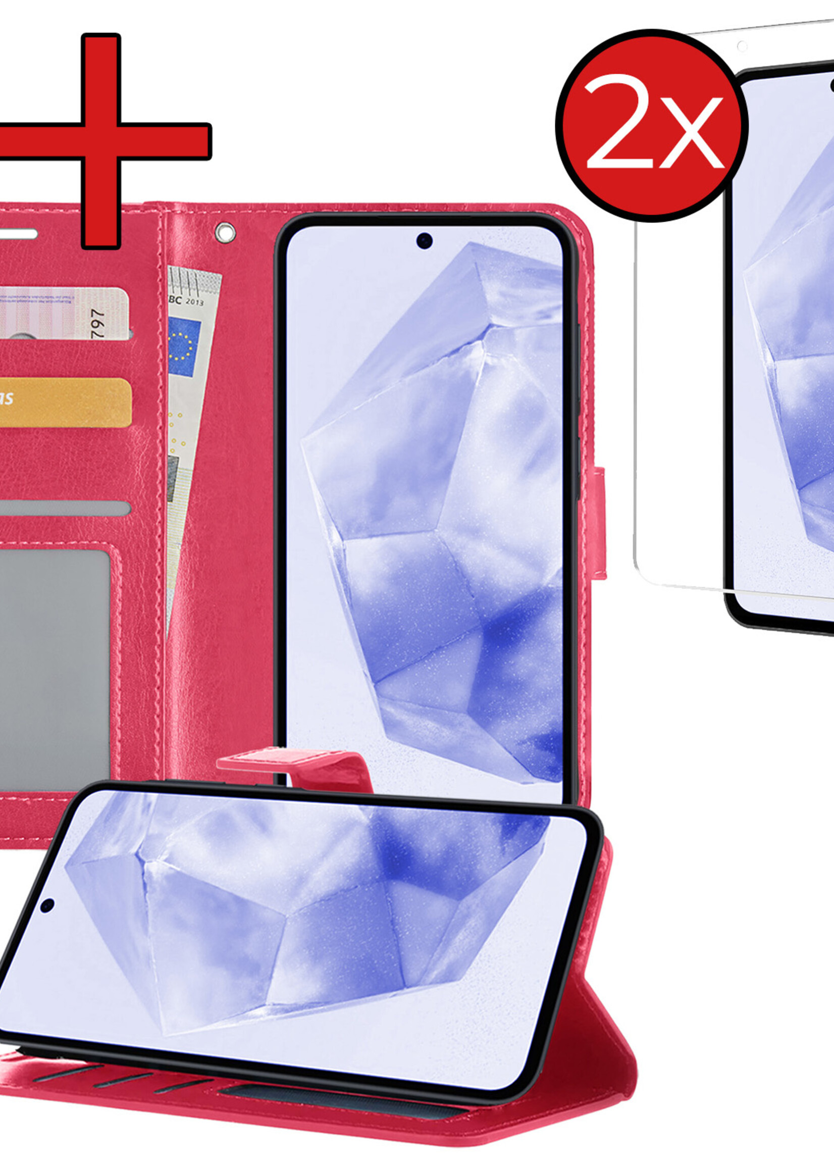 BTH Hoesje Geschikt voor Samsung A35 Hoesje Book Case Hoes Portemonnee Cover Walletcase Met 2x Screenprotector - Hoes Geschikt voor Samsung Galaxy A35 5G Hoes Bookcase Hoesje - Donkerroze