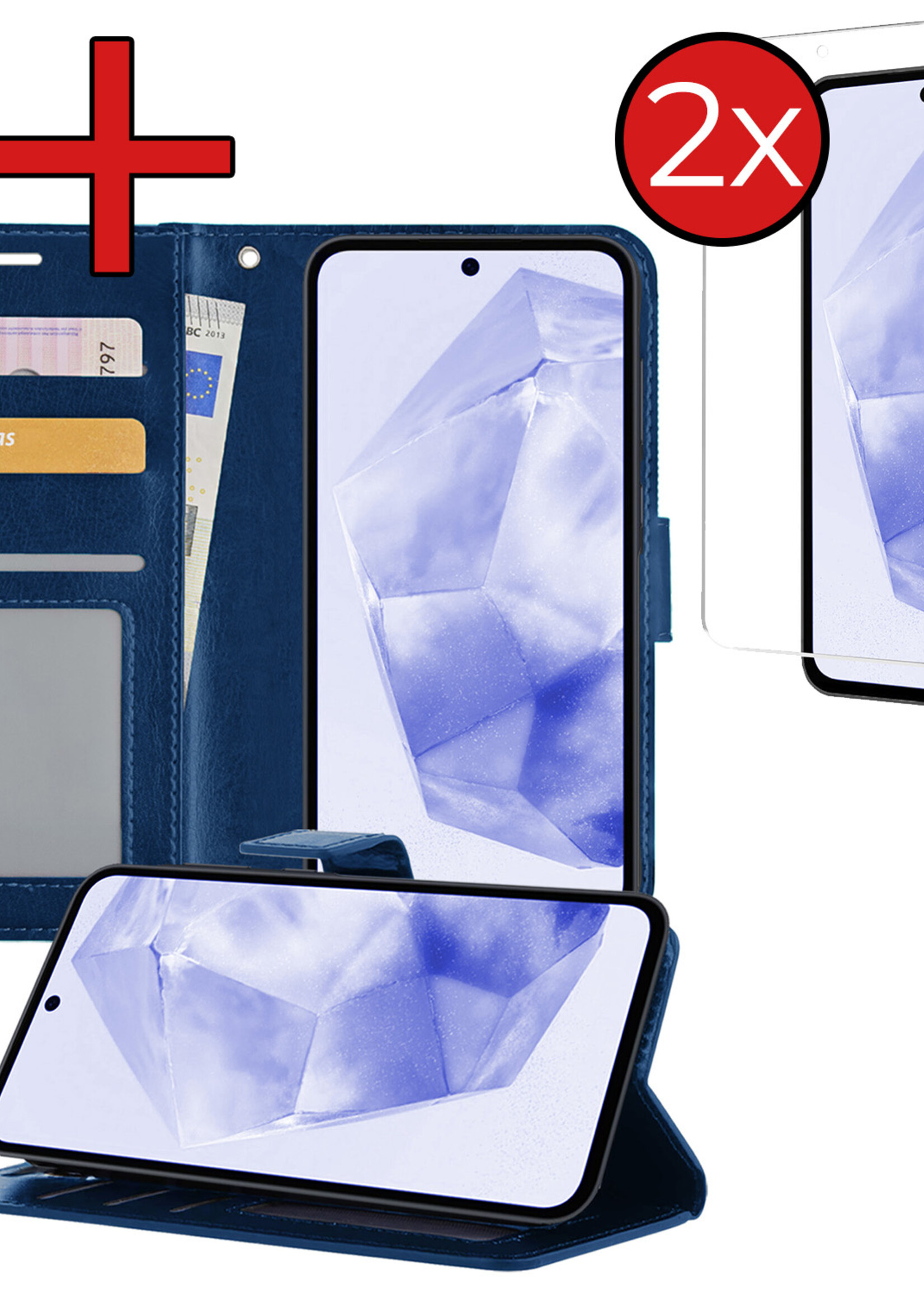 BTH Hoesje Geschikt voor Samsung A35 Hoesje Book Case Hoes Portemonnee Cover Walletcase Met 2x Screenprotector - Hoes Geschikt voor Samsung Galaxy A35 5G Hoes Bookcase Hoesje - Donkerblauw