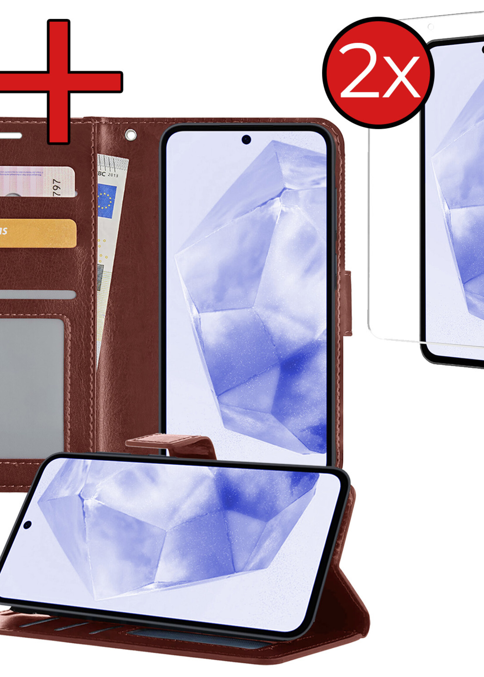 BTH Hoesje Geschikt voor Samsung A35 Hoesje Book Case Hoes Portemonnee Cover Walletcase Met 2x Screenprotector - Hoes Geschikt voor Samsung Galaxy A35 5G Hoes Bookcase Hoesje - Bruin