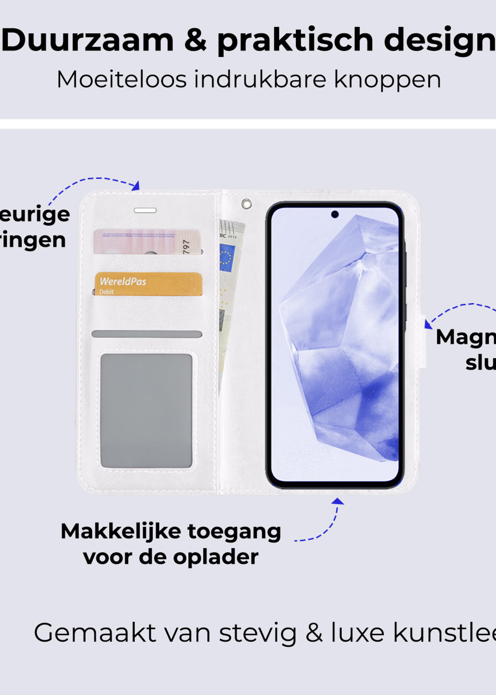 BTH Hoesje Geschikt voor Samsung A35 Hoesje Book Case Hoes Portemonnee Cover Walletcase Met Screenprotector - Hoes Geschikt voor Samsung Galaxy A35 5G Hoes Bookcase Hoesje - Wit