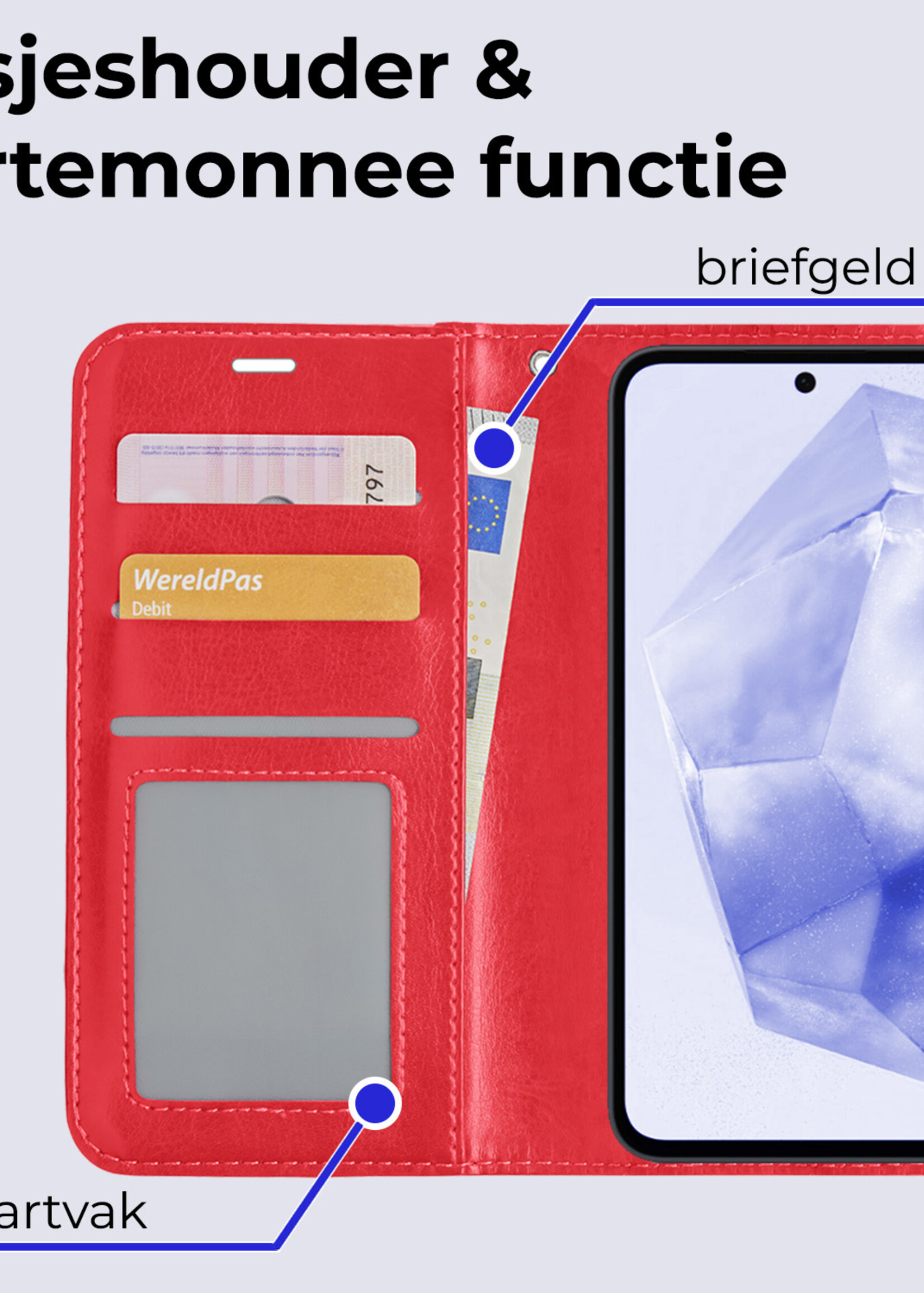 BTH Hoesje Geschikt voor Samsung A35 Hoesje Book Case Hoes Portemonnee Cover Walletcase Met Screenprotector - Hoes Geschikt voor Samsung Galaxy A35 5G Hoes Bookcase Hoesje - Rood