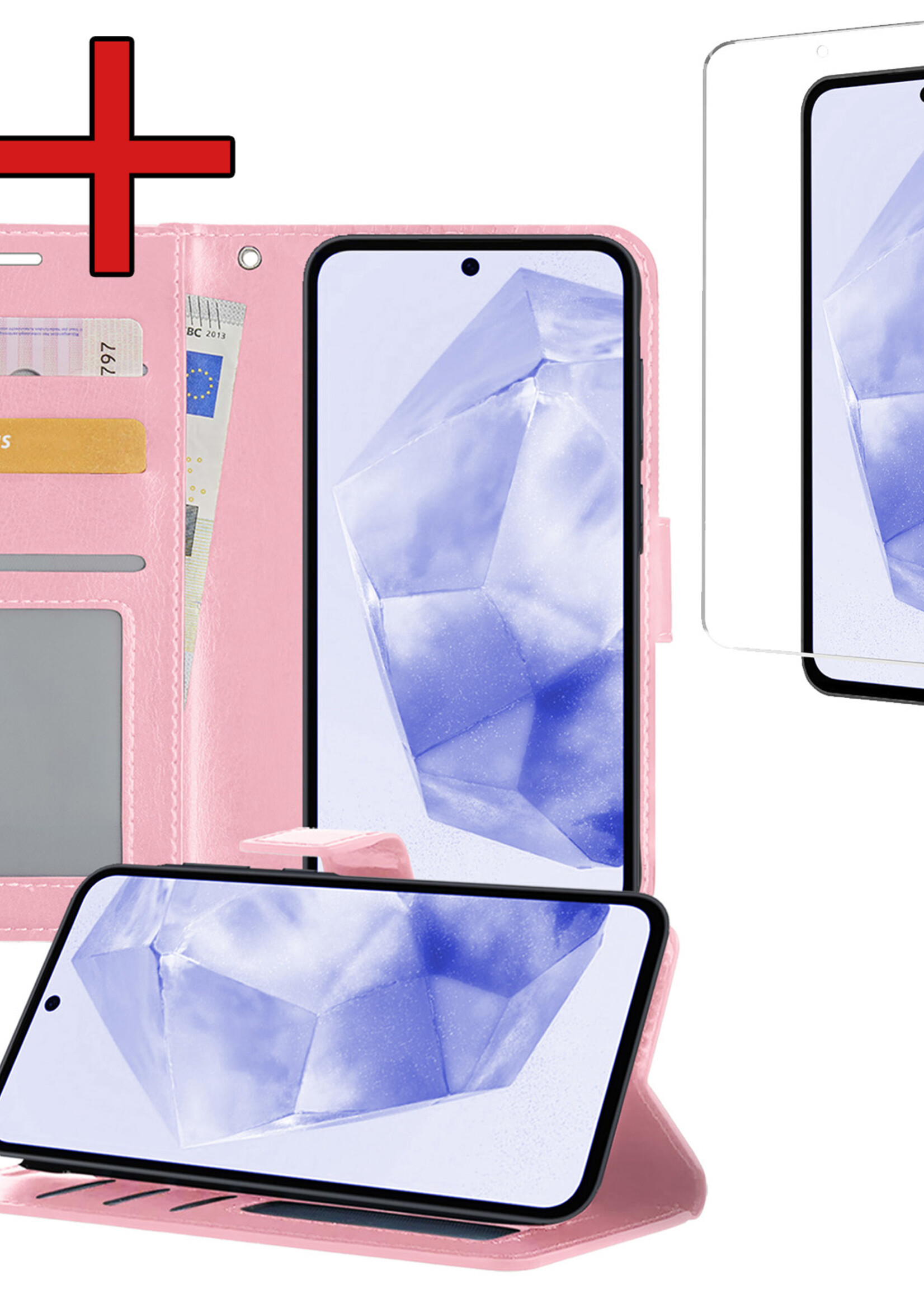BTH Hoesje Geschikt voor Samsung A35 Hoesje Book Case Hoes Portemonnee Cover Walletcase Met Screenprotector - Hoes Geschikt voor Samsung Galaxy A35 5G Hoes Bookcase Hoesje - Lichtroze