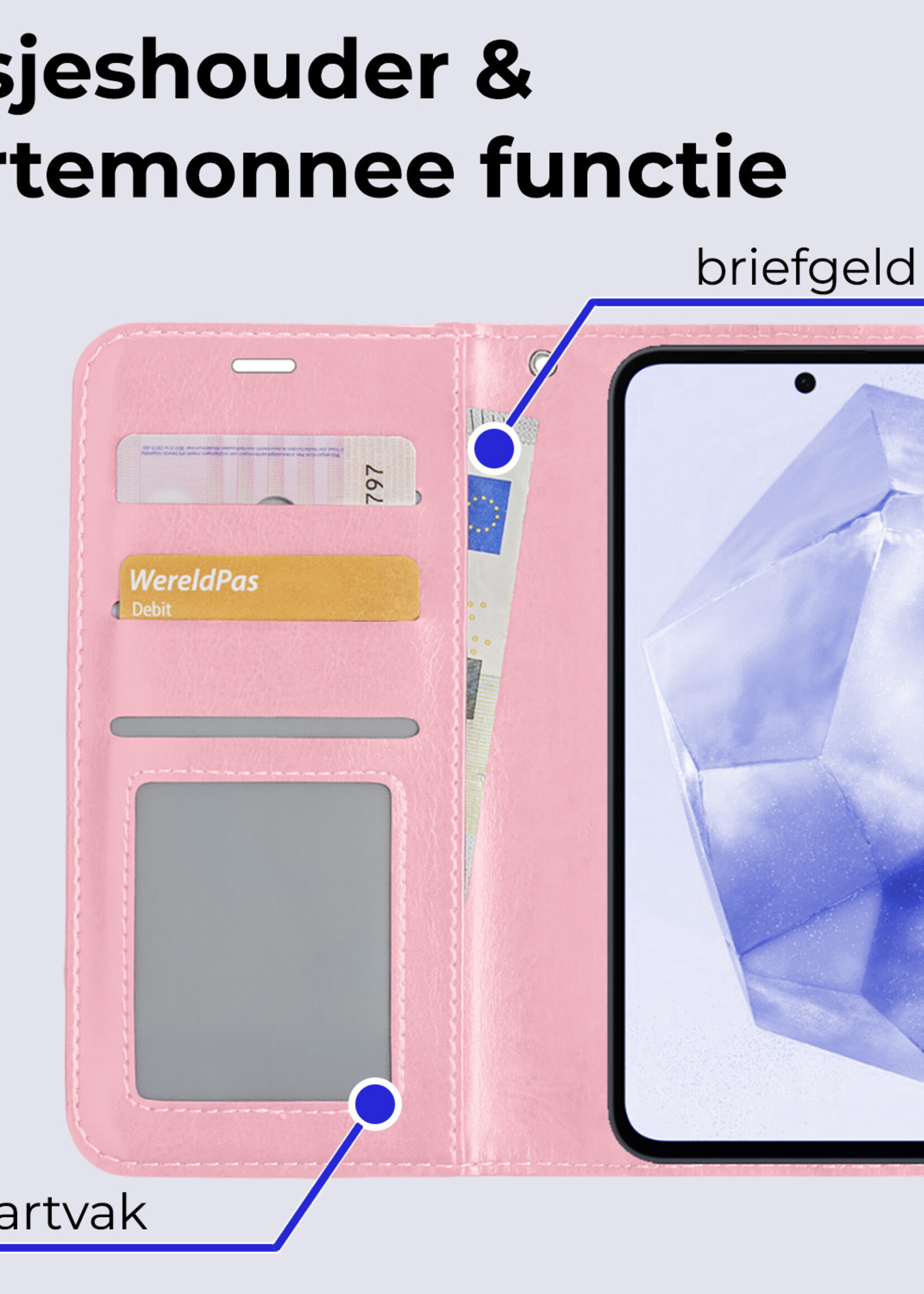 BTH Hoesje Geschikt voor Samsung A35 Hoesje Book Case Hoes Portemonnee Cover Walletcase Met Screenprotector - Hoes Geschikt voor Samsung Galaxy A35 5G Hoes Bookcase Hoesje - Lichtroze