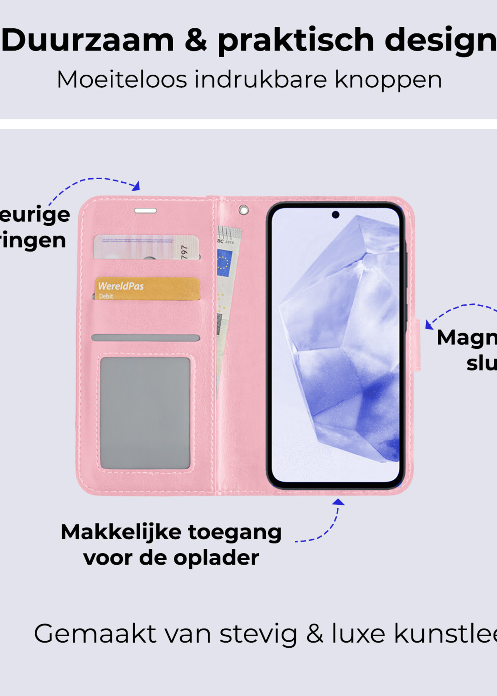 BTH Hoesje Geschikt voor Samsung A35 Hoesje Book Case Hoes Portemonnee Cover Walletcase Met Screenprotector - Hoes Geschikt voor Samsung Galaxy A35 5G Hoes Bookcase Hoesje - Lichtroze