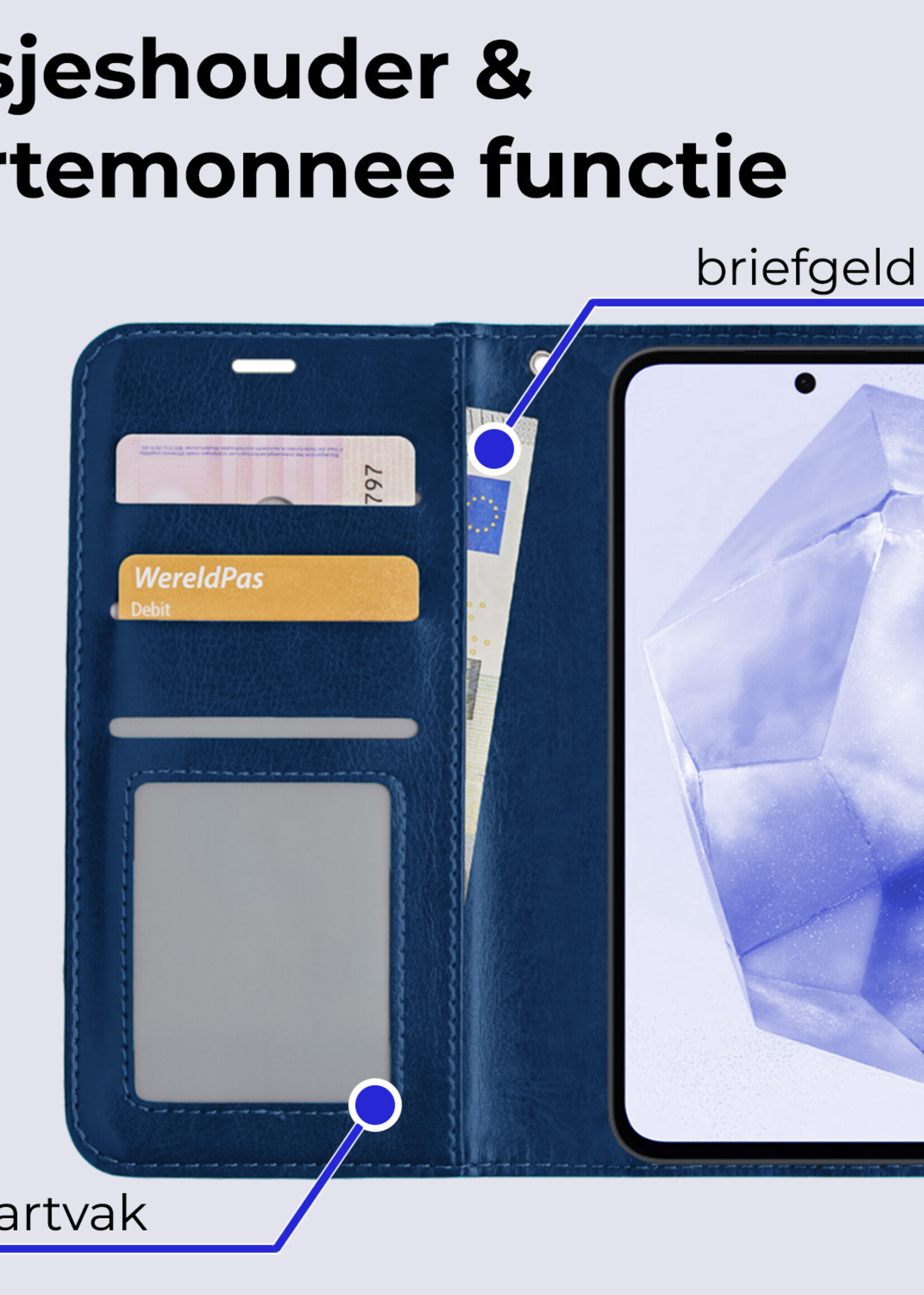 BTH Hoesje Geschikt voor Samsung A35 Hoesje Book Case Hoes Portemonnee Cover Walletcase Met Screenprotector - Hoes Geschikt voor Samsung Galaxy A35 5G Hoes Bookcase Hoesje - Donkerblauw