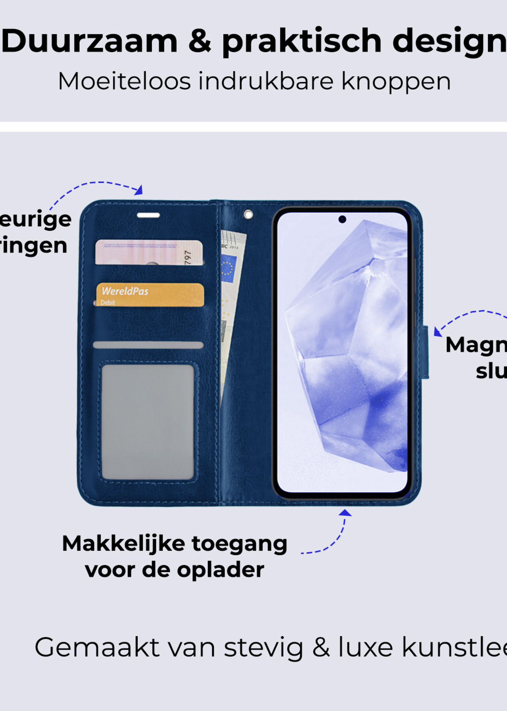 BTH Hoesje Geschikt voor Samsung A35 Hoesje Book Case Hoes Portemonnee Cover Walletcase Met Screenprotector - Hoes Geschikt voor Samsung Galaxy A35 5G Hoes Bookcase Hoesje - Donkerblauw
