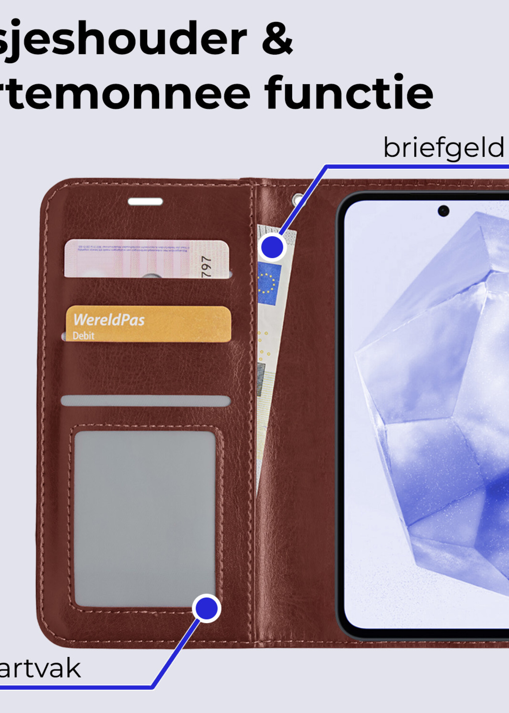 BTH Hoesje Geschikt voor Samsung A35 Hoesje Book Case Hoes Portemonnee Cover Walletcase Met Screenprotector - Hoes Geschikt voor Samsung Galaxy A35 5G Hoes Bookcase Hoesje - Bruin