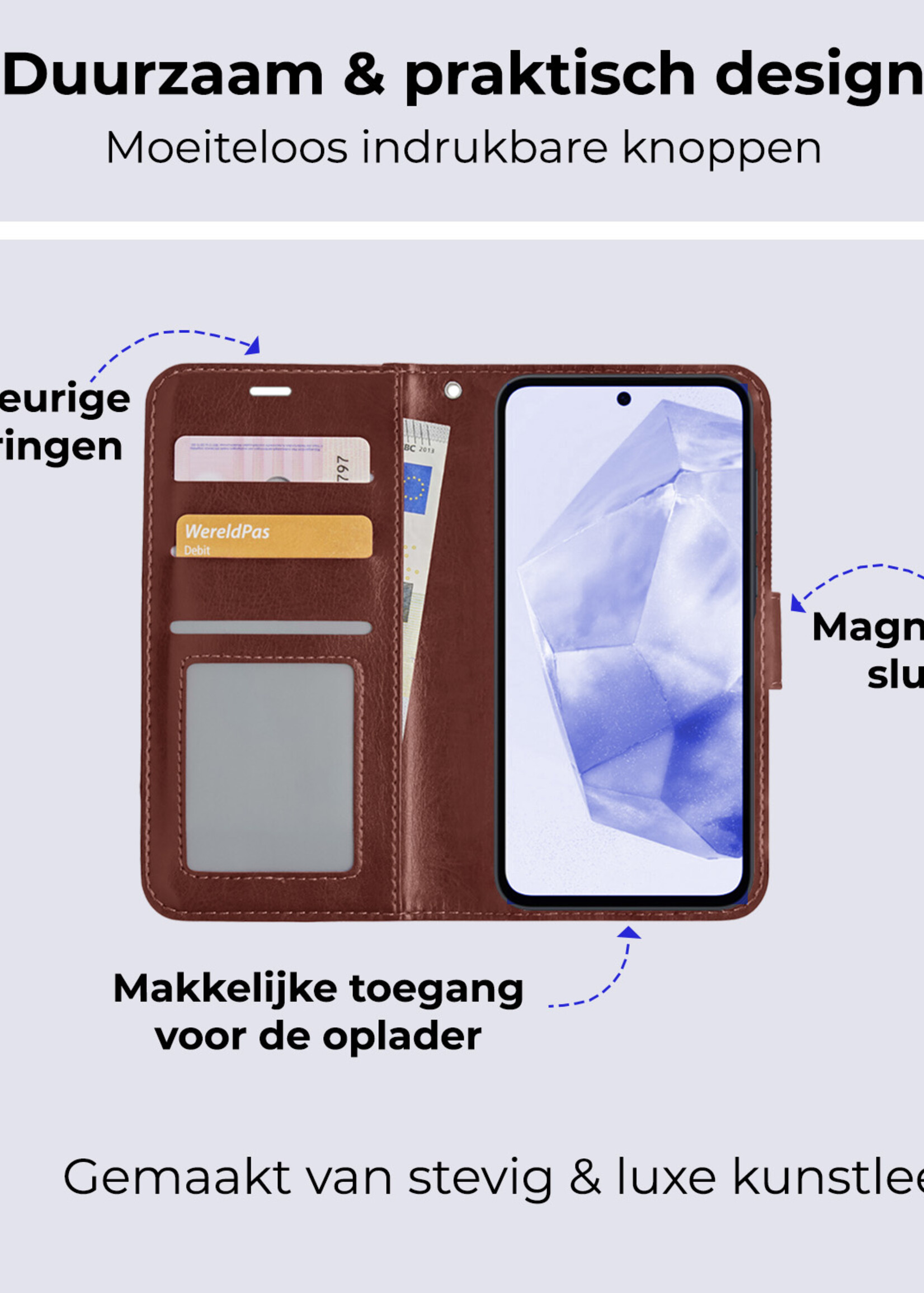 BTH Hoesje Geschikt voor Samsung A35 Hoesje Book Case Hoes Portemonnee Cover Walletcase Met Screenprotector - Hoes Geschikt voor Samsung Galaxy A35 5G Hoes Bookcase Hoesje - Bruin