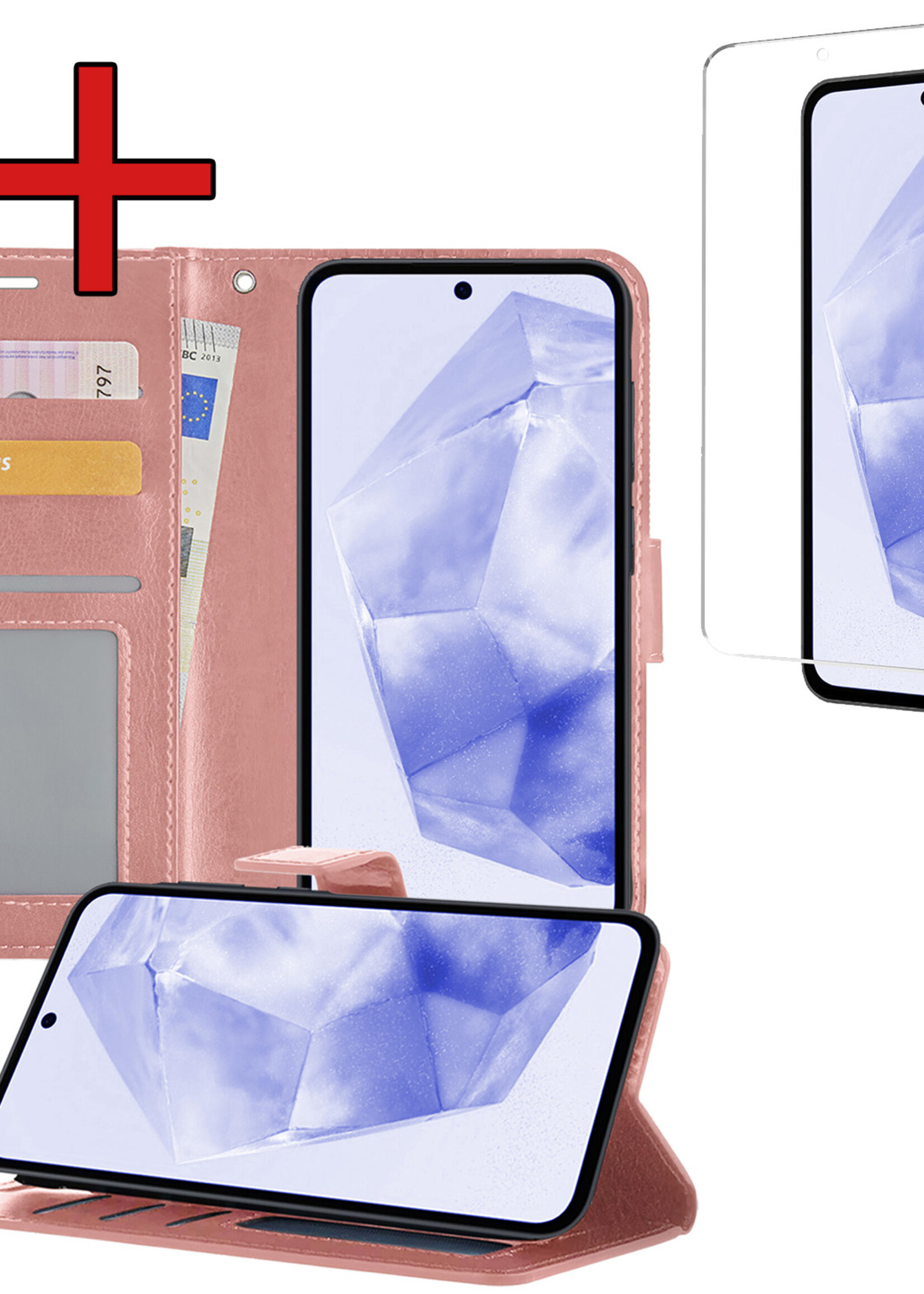 BTH Hoesje Geschikt voor Samsung A35 Hoesje Book Case Hoes Portemonnee Cover Walletcase Met Screenprotector - Hoes Geschikt voor Samsung Galaxy A35 5G Hoes Bookcase Hoesje - Rosé goud