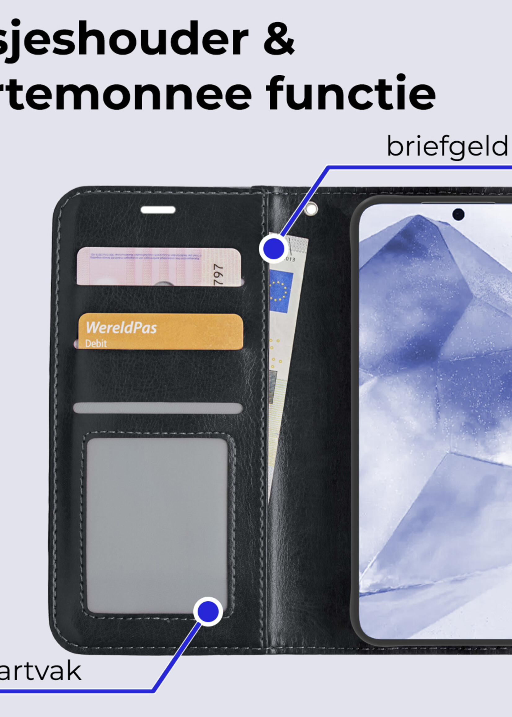 BTH Hoesje Geschikt voor Samsung A55 Hoesje Book Case Hoes Portemonnee Cover Walletcase Met 2x Screenprotector - Hoes Geschikt voor Samsung Galaxy A55 Hoes Bookcase Hoesje - Zwart