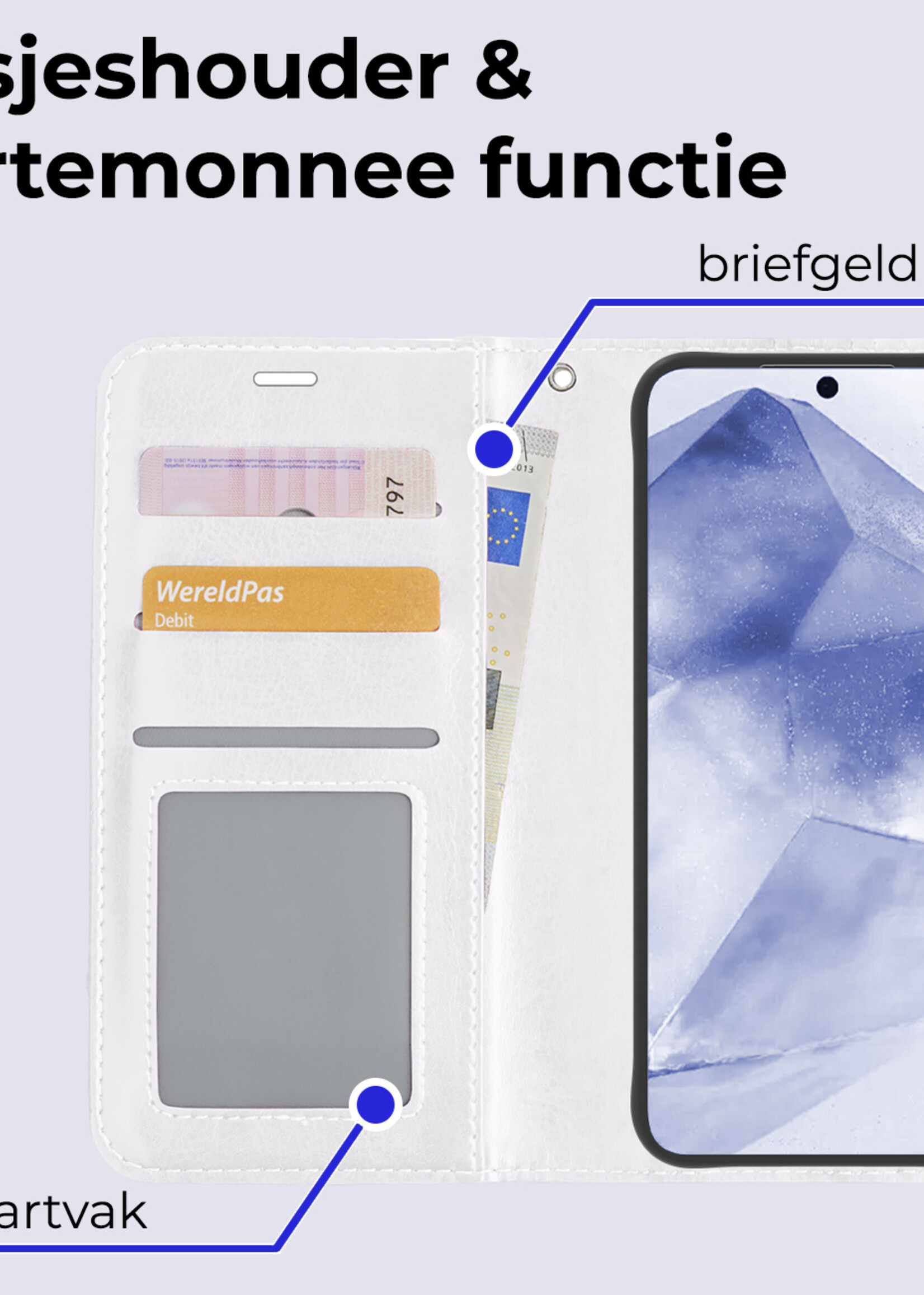 BTH Hoesje Geschikt voor Samsung A55 Hoesje Book Case Hoes Portemonnee Cover Walletcase Met 2x Screenprotector - Hoes Geschikt voor Samsung Galaxy A55 Hoes Bookcase Hoesje - Wit