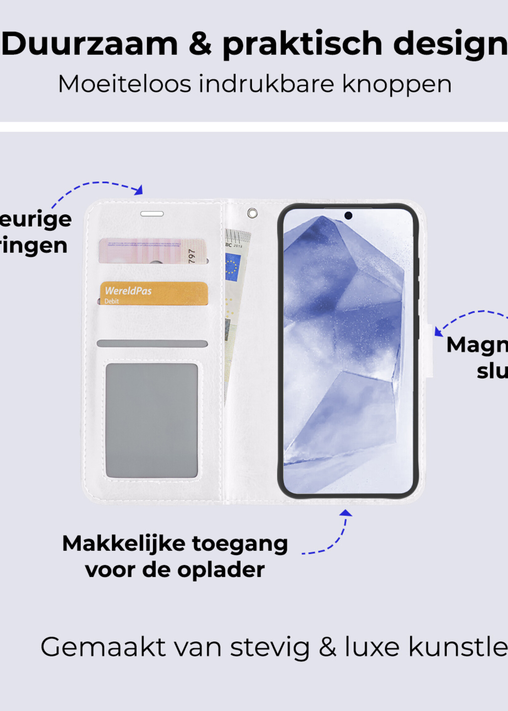 BTH Hoesje Geschikt voor Samsung A55 Hoesje Book Case Hoes Portemonnee Cover Walletcase Met 2x Screenprotector - Hoes Geschikt voor Samsung Galaxy A55 Hoes Bookcase Hoesje - Wit