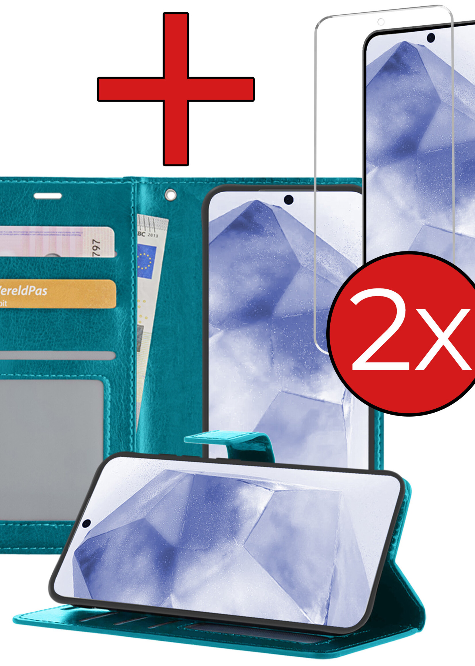 BTH Hoesje Geschikt voor Samsung A55 Hoesje Book Case Hoes Portemonnee Cover Walletcase Met 2x Screenprotector - Hoes Geschikt voor Samsung Galaxy A55 Hoes Bookcase Hoesje - Turquoise