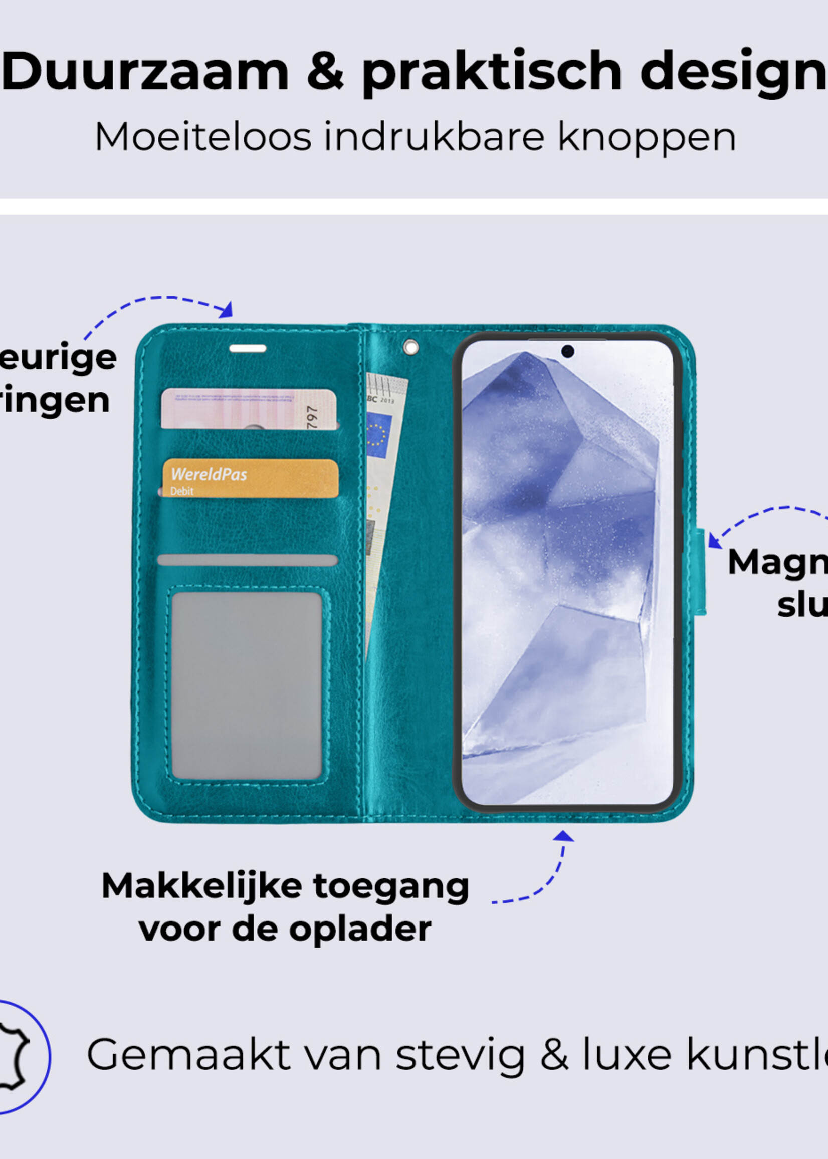 BTH Hoesje Geschikt voor Samsung A55 Hoesje Book Case Hoes Portemonnee Cover Walletcase Met 2x Screenprotector - Hoes Geschikt voor Samsung Galaxy A55 Hoes Bookcase Hoesje - Turquoise