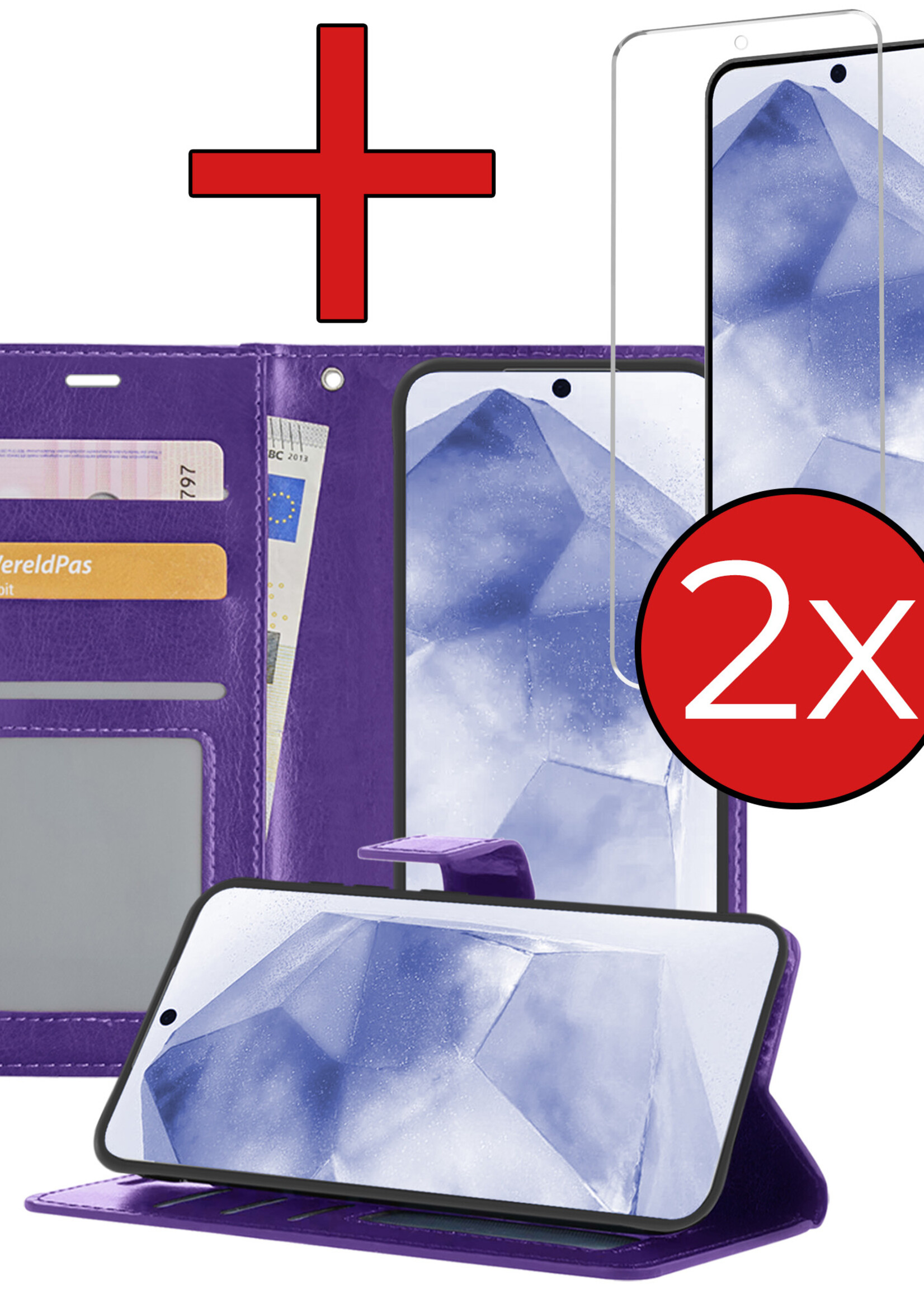 BTH Hoesje Geschikt voor Samsung A55 Hoesje Book Case Hoes Portemonnee Cover Walletcase Met 2x Screenprotector - Hoes Geschikt voor Samsung Galaxy A55 Hoes Bookcase Hoesje - Paars