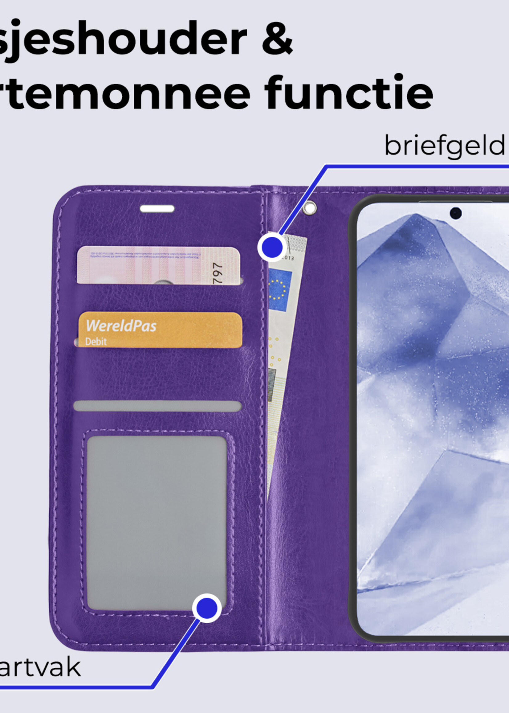 BTH Hoesje Geschikt voor Samsung A55 Hoesje Book Case Hoes Portemonnee Cover Walletcase Met 2x Screenprotector - Hoes Geschikt voor Samsung Galaxy A55 Hoes Bookcase Hoesje - Paars