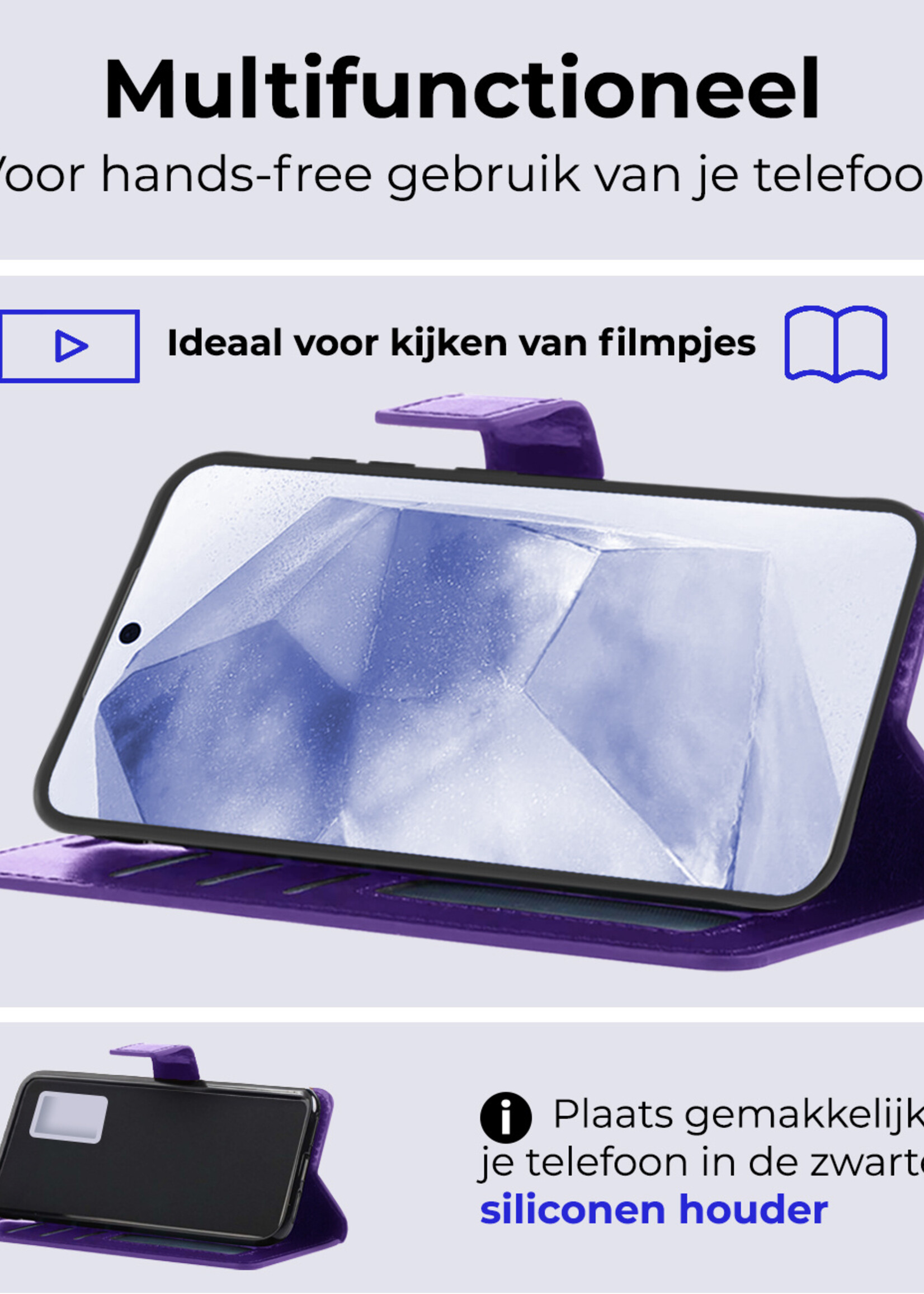 BTH Hoesje Geschikt voor Samsung A55 Hoesje Book Case Hoes Portemonnee Cover Walletcase Met 2x Screenprotector - Hoes Geschikt voor Samsung Galaxy A55 Hoes Bookcase Hoesje - Paars