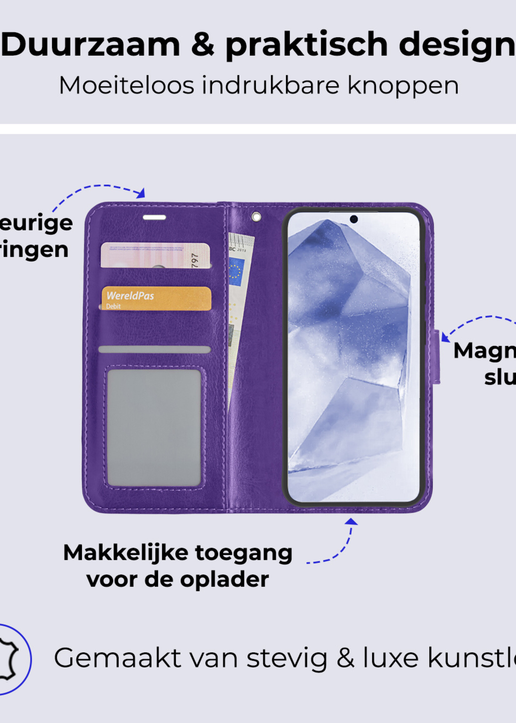 BTH Hoesje Geschikt voor Samsung A55 Hoesje Book Case Hoes Portemonnee Cover Walletcase Met 2x Screenprotector - Hoes Geschikt voor Samsung Galaxy A55 Hoes Bookcase Hoesje - Paars