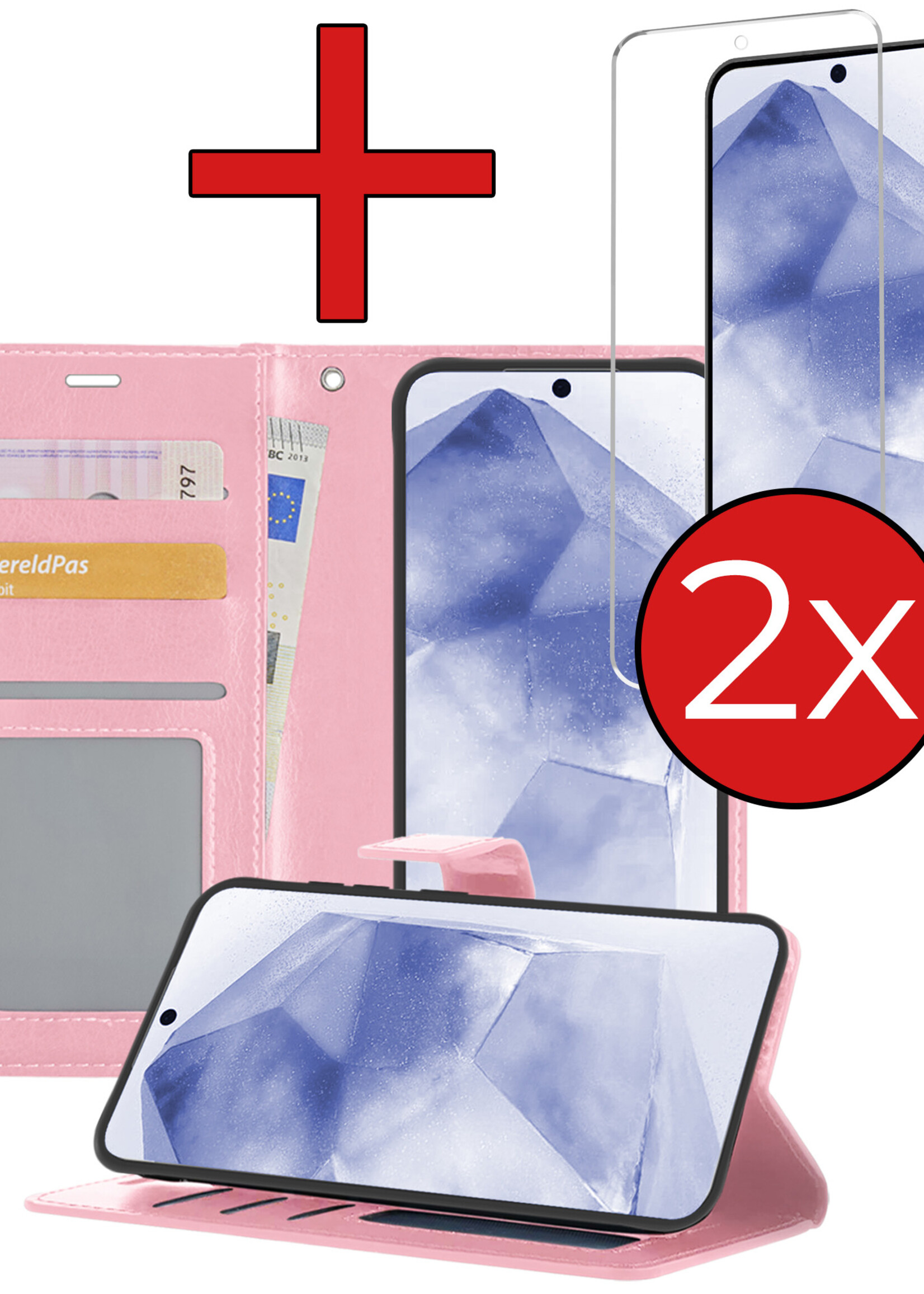 BTH Hoesje Geschikt voor Samsung A55 Hoesje Book Case Hoes Portemonnee Cover Walletcase Met 2x Screenprotector - Hoes Geschikt voor Samsung Galaxy A55 Hoes Bookcase Hoesje - Lichtroze
