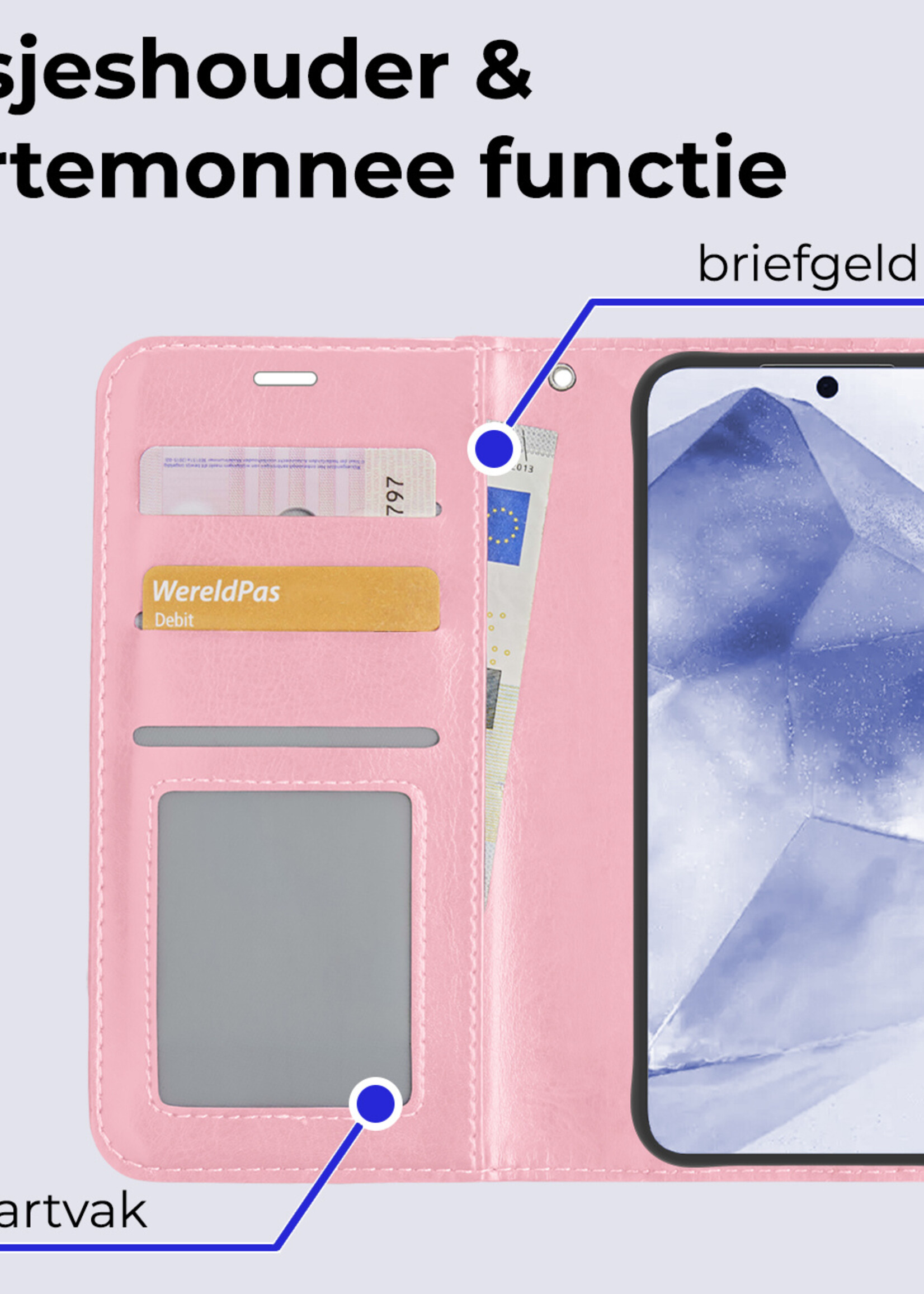 BTH Hoesje Geschikt voor Samsung A55 Hoesje Book Case Hoes Portemonnee Cover Walletcase Met 2x Screenprotector - Hoes Geschikt voor Samsung Galaxy A55 Hoes Bookcase Hoesje - Lichtroze
