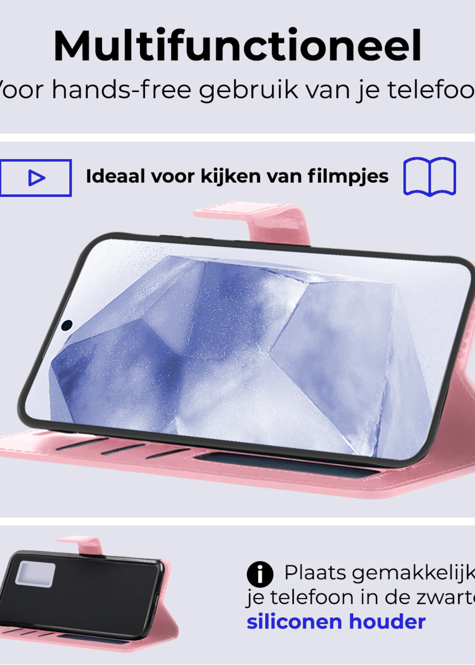 BTH Hoesje Geschikt voor Samsung A55 Hoesje Book Case Hoes Portemonnee Cover Walletcase Met 2x Screenprotector - Hoes Geschikt voor Samsung Galaxy A55 Hoes Bookcase Hoesje - Lichtroze