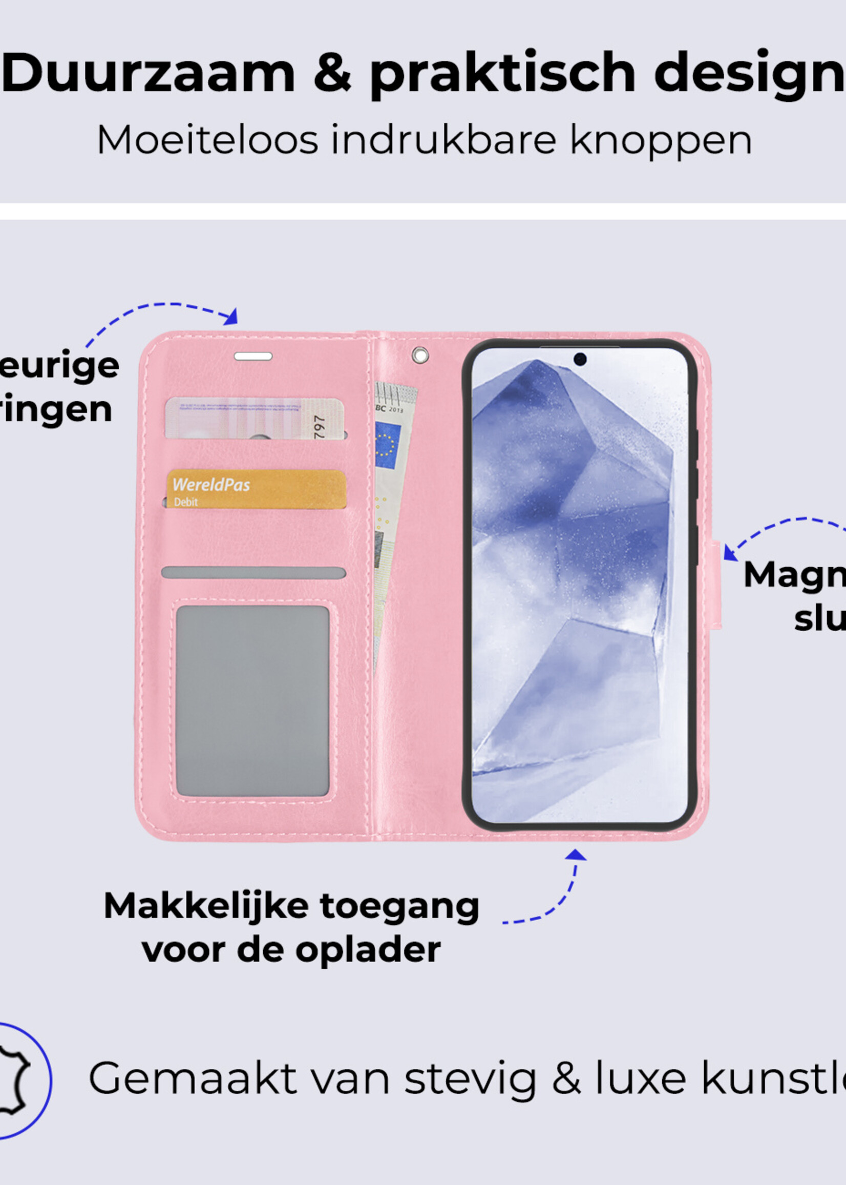 BTH Hoesje Geschikt voor Samsung A55 Hoesje Book Case Hoes Portemonnee Cover Walletcase Met 2x Screenprotector - Hoes Geschikt voor Samsung Galaxy A55 Hoes Bookcase Hoesje - Lichtroze